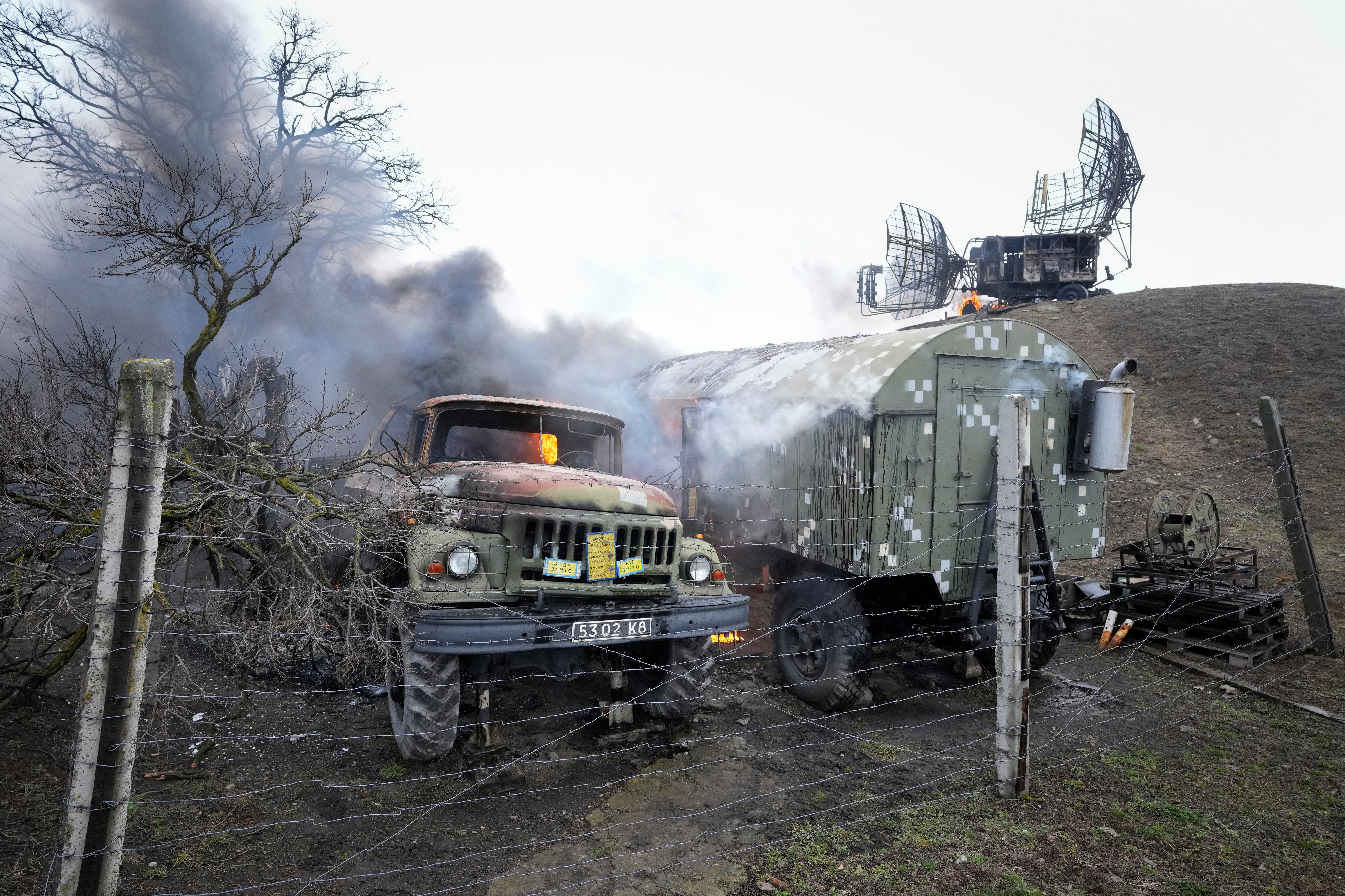 Damaged radar arrays and other equipment is seen at Ukrainian military facility outside Mariupol, Ukraine