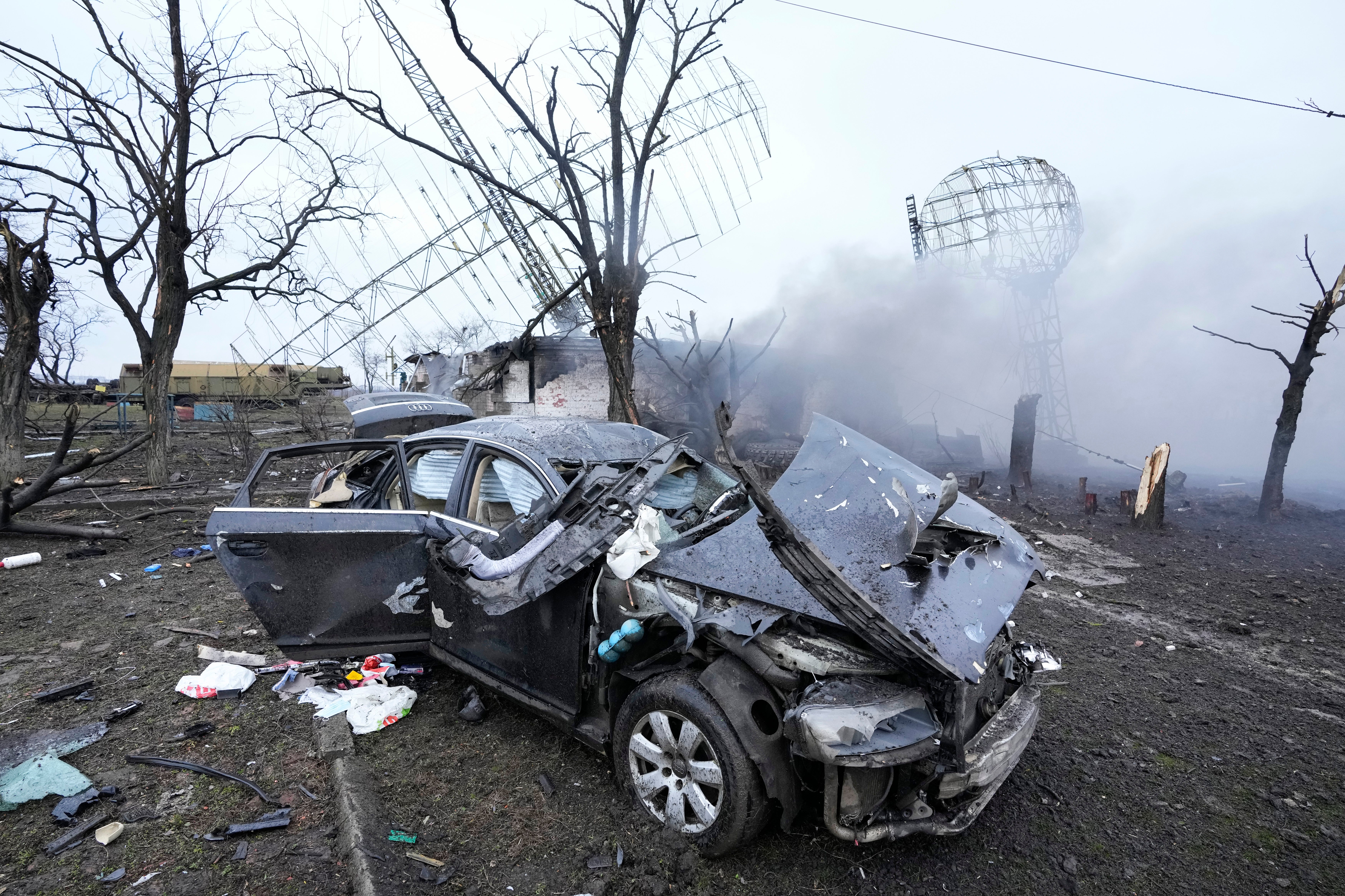 Damaged radar arrays and other equipment is seen at Ukrainian military facility outside Mariupol, Ukraine