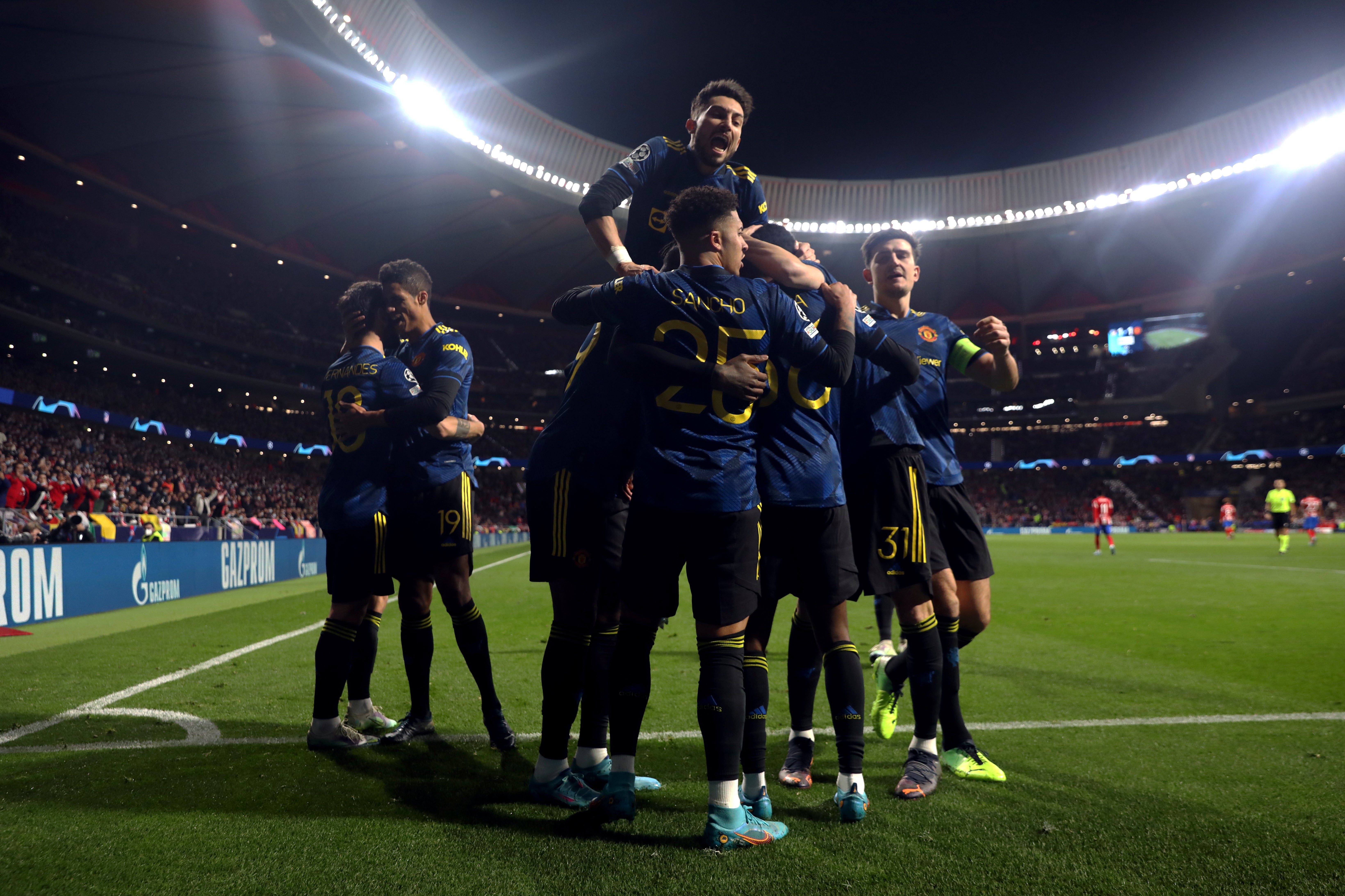 United celebrate Anthony Elanga’s first-leg equaliser in Madrid