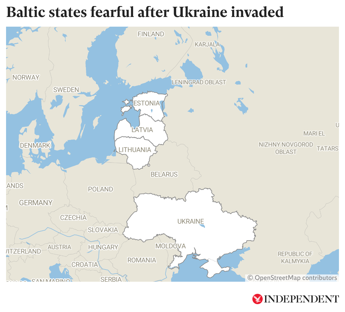 This map shows the proximity of the Baltic states to Russia and Ukraine