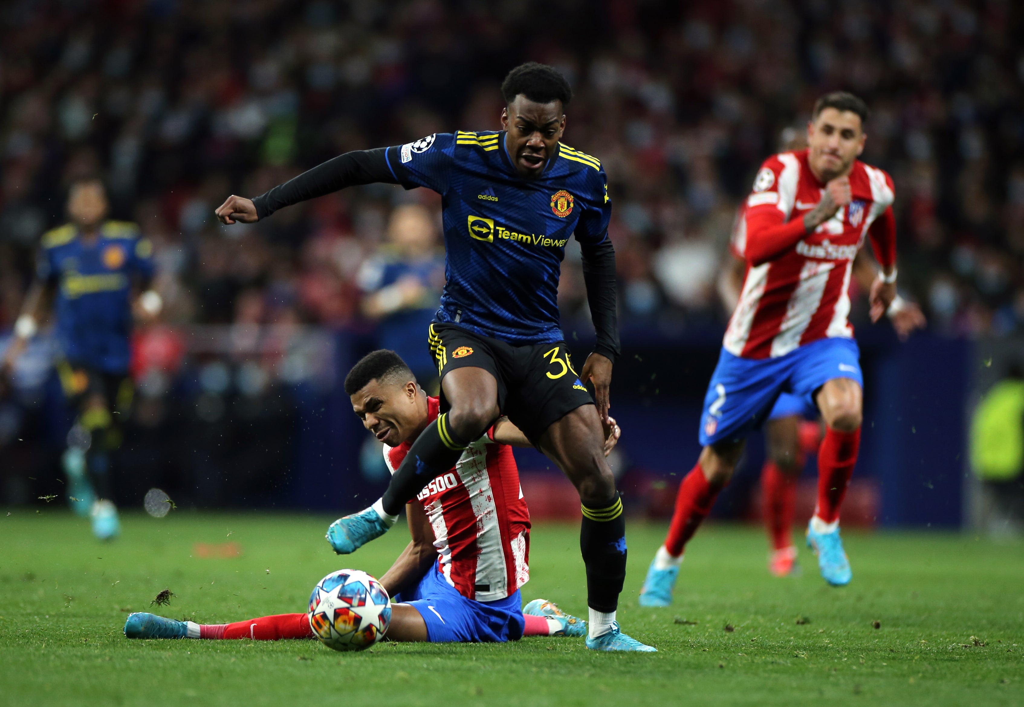 Anthony Elanga on his way to scoring Manchester United’s equaliser (Isabel Infantes/PA)