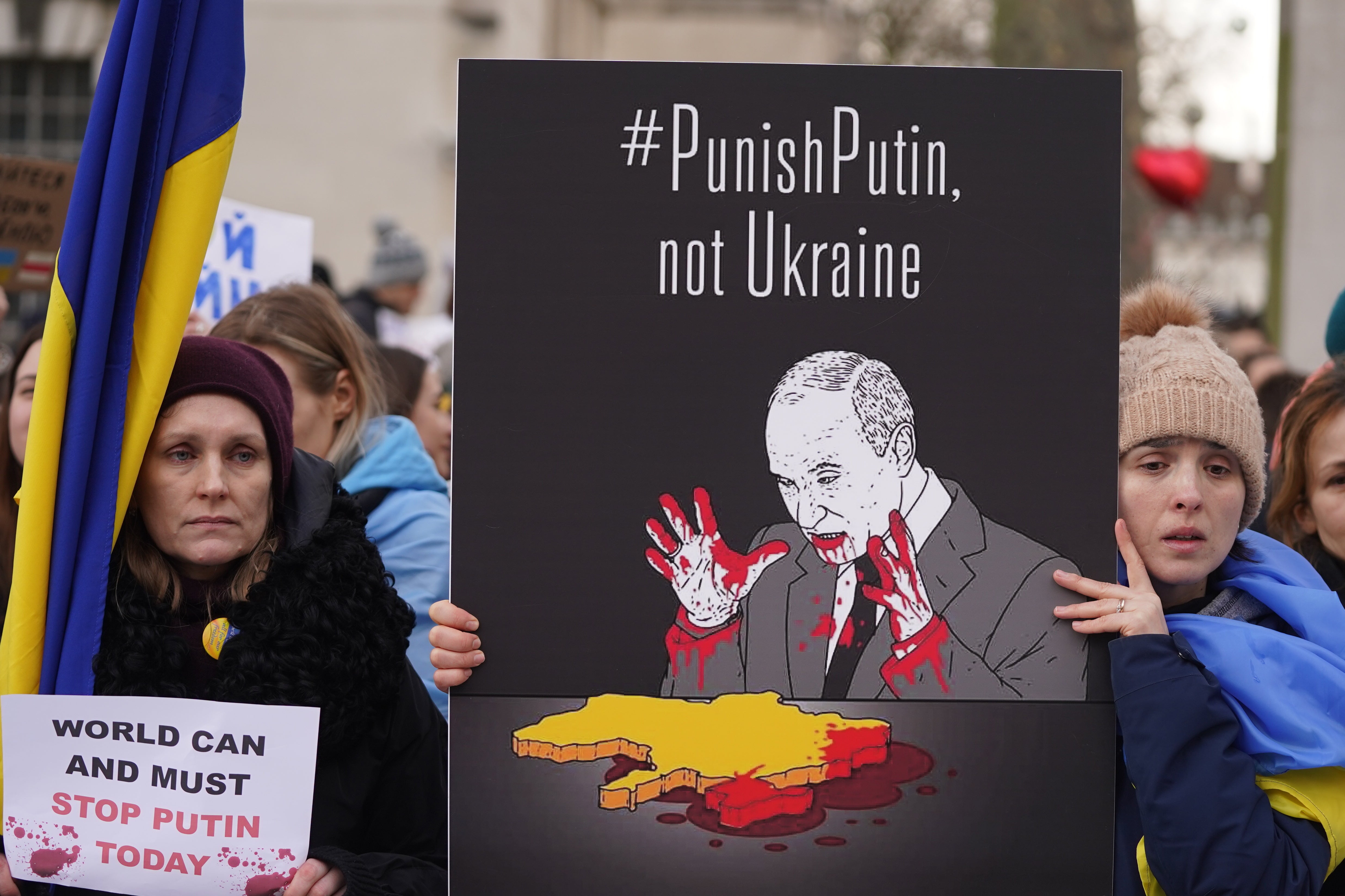 Ukrainians hold a protest against the Russian invasion of Ukraine outside Downing Street (Stefan Rousseau/PA)