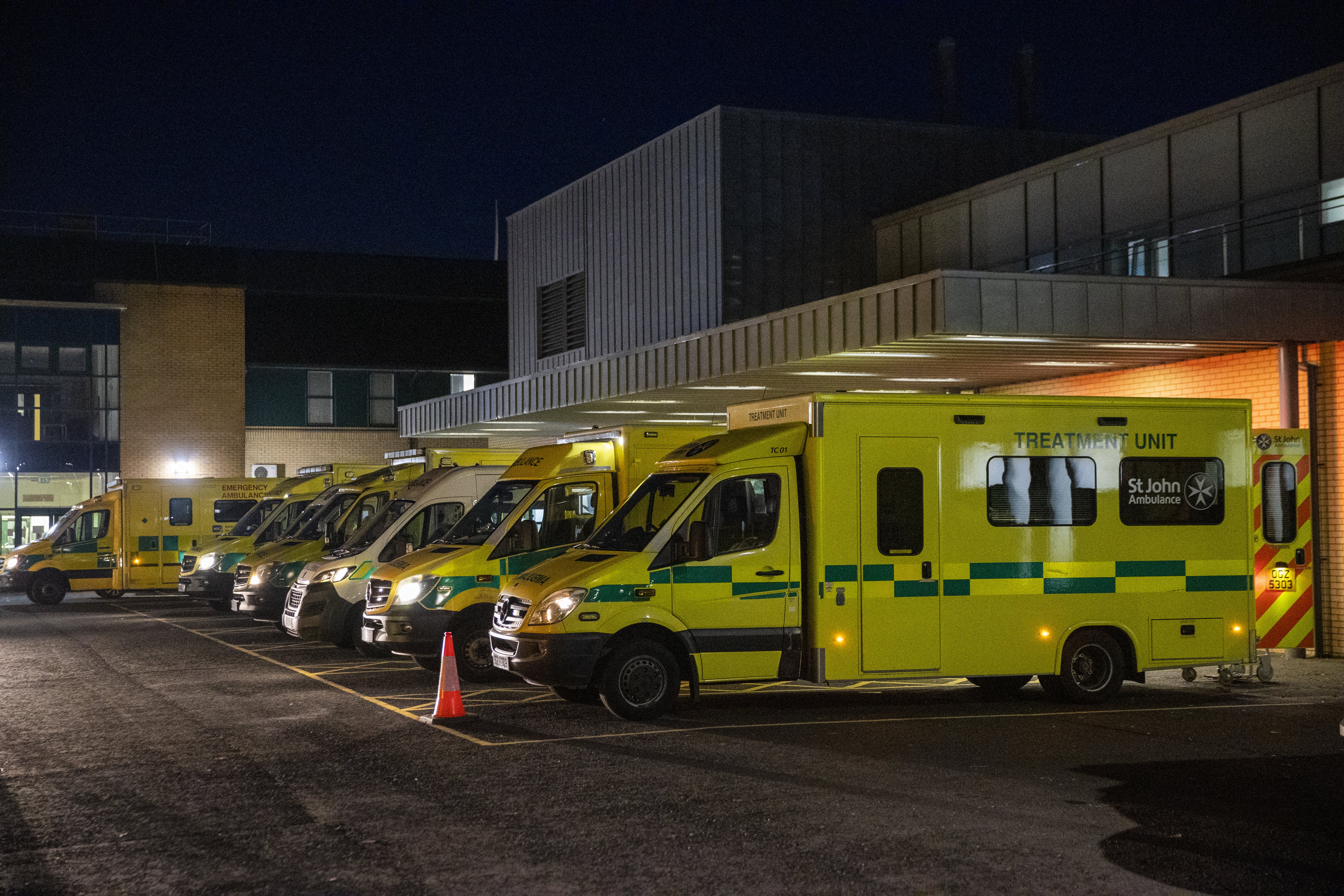 Ambulances at the entrance to the emergency department at Antrim Area Hospital this week (Liam McBurney/PA)