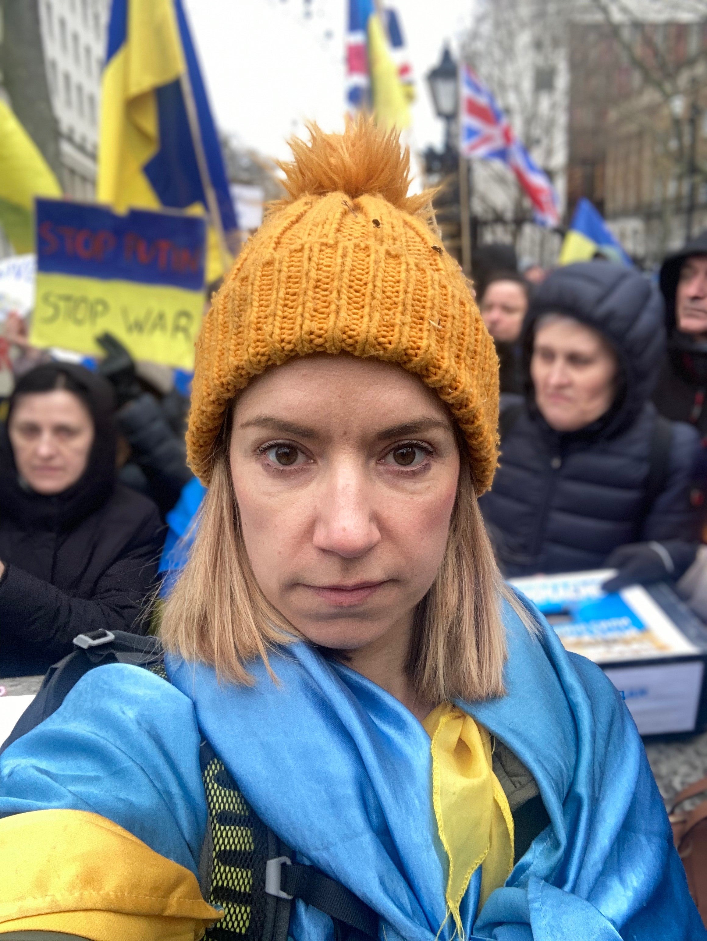Chrystyna Chymera-Holloway at a protest outside Downing Street (Chrystyna Chymera-Holloway/PA)