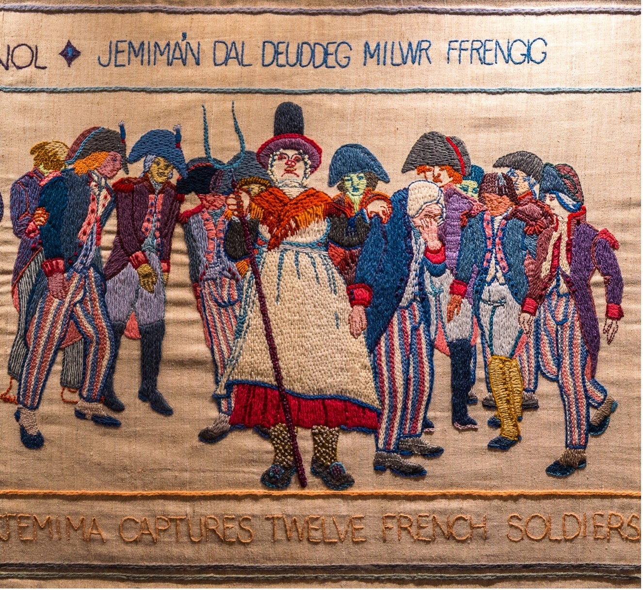 The tapestry depicting the last invasion of Britain featuring local heroine Jemima the cobbler capturing four drunken French soldiers with her pitchfork