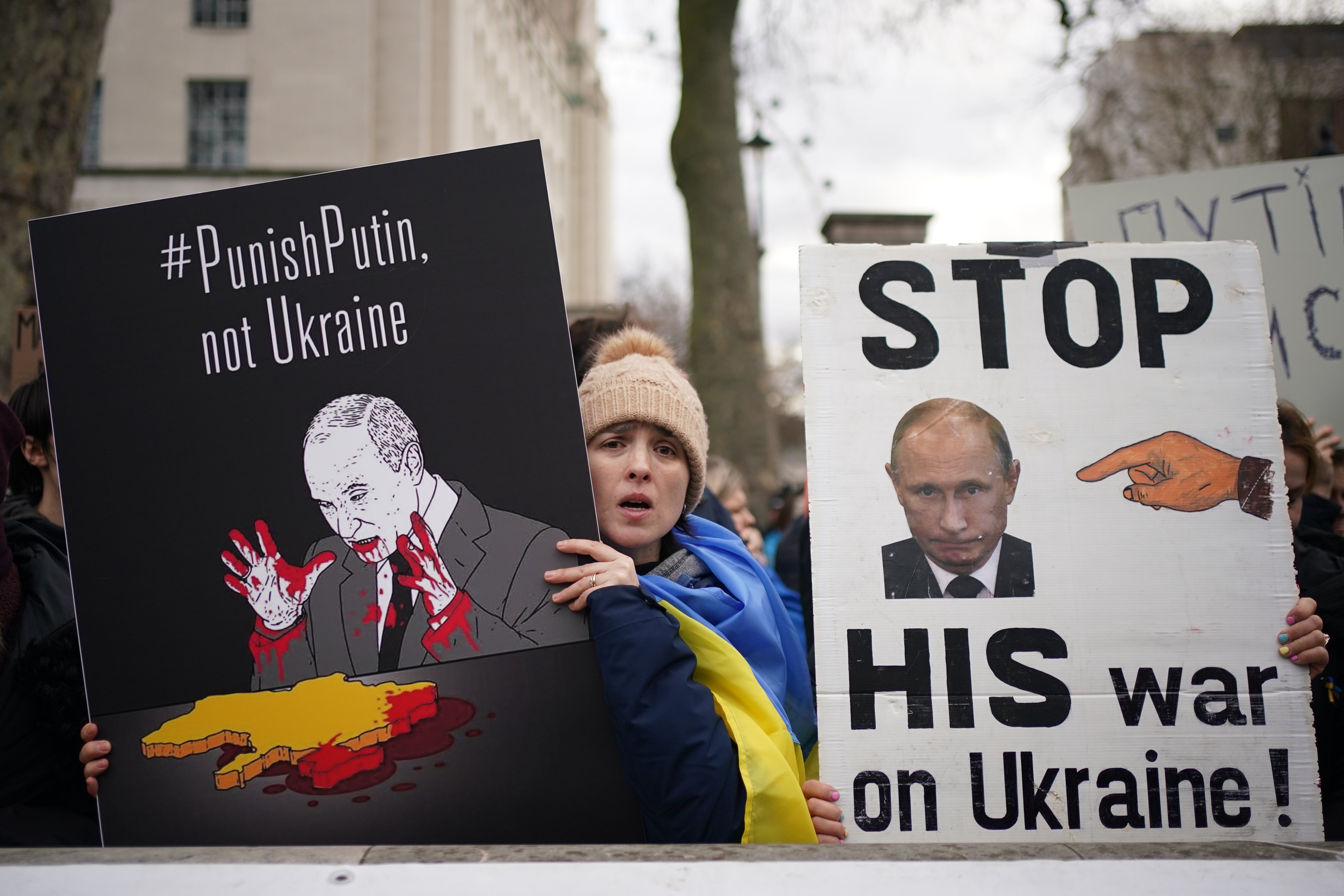 Ukrainians hold a protest against the Russian invasion of Ukraine outside Downing Street, central London . Picture date: Thursday February 24, 202.