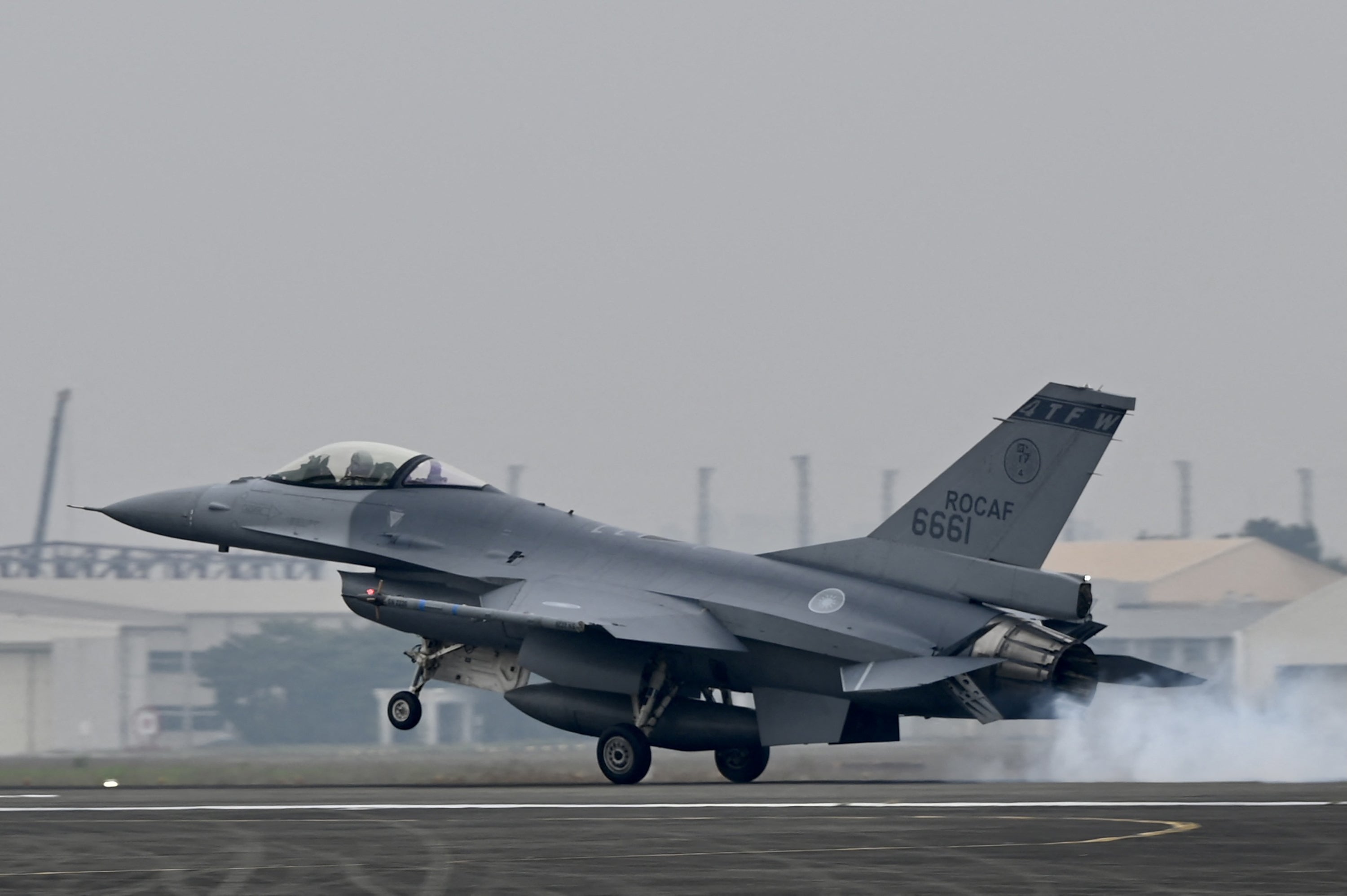 An US-built F-16V lands on the runway at an air force base in Chiayi, southern Taiwan, in January