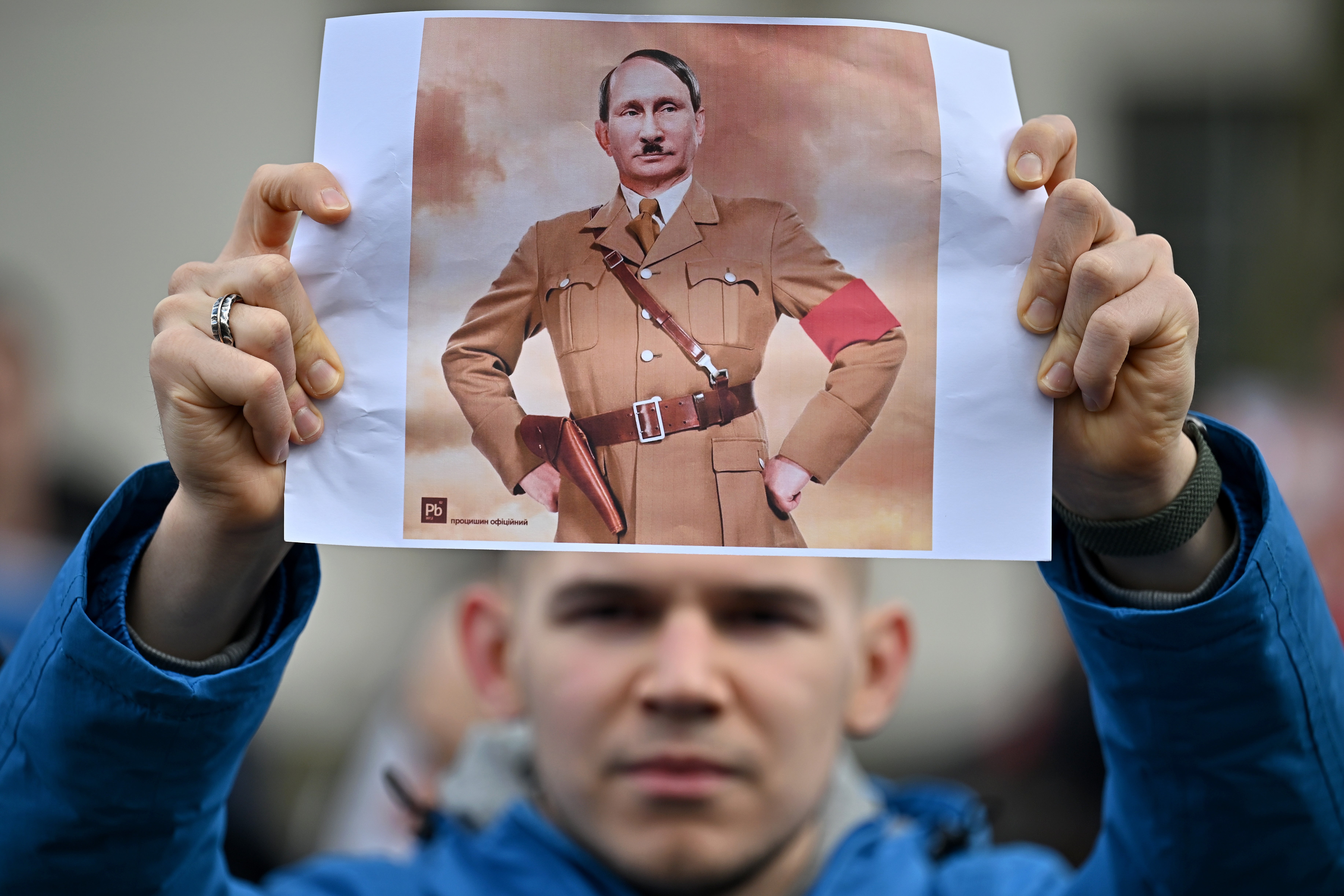 A Ukrainian demonstrates outside Downing Street against the recent invasion of Ukraine in London, England