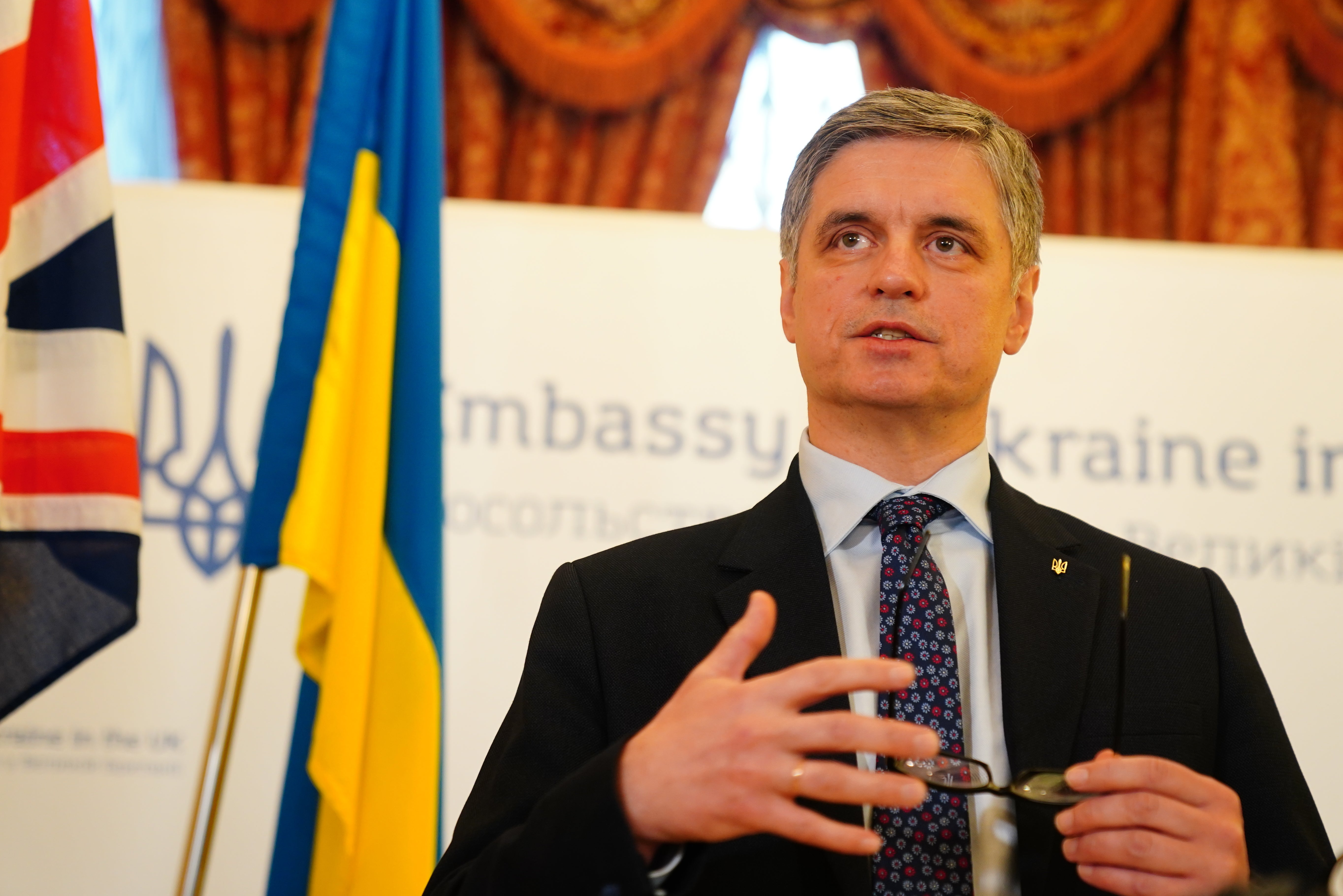 Ambassador of Ukraine to the UK, Vadym Prystaiko speaks to the media at the Ukrainian Embassy in west London. (Victoria Jones/PA)