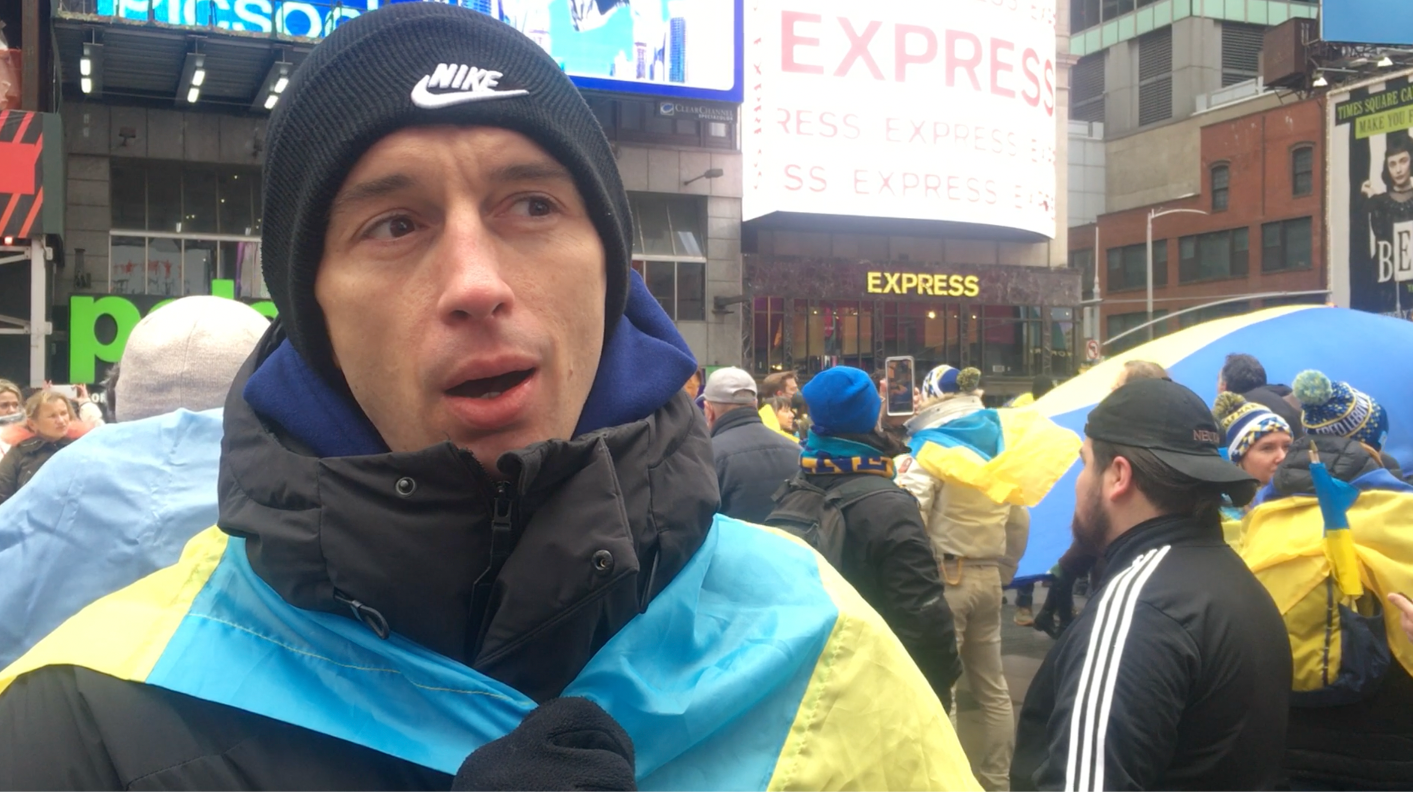 Vladimir Sobur joined the protest in Times Square. He watched in horror news of the invasion on Wednesday night