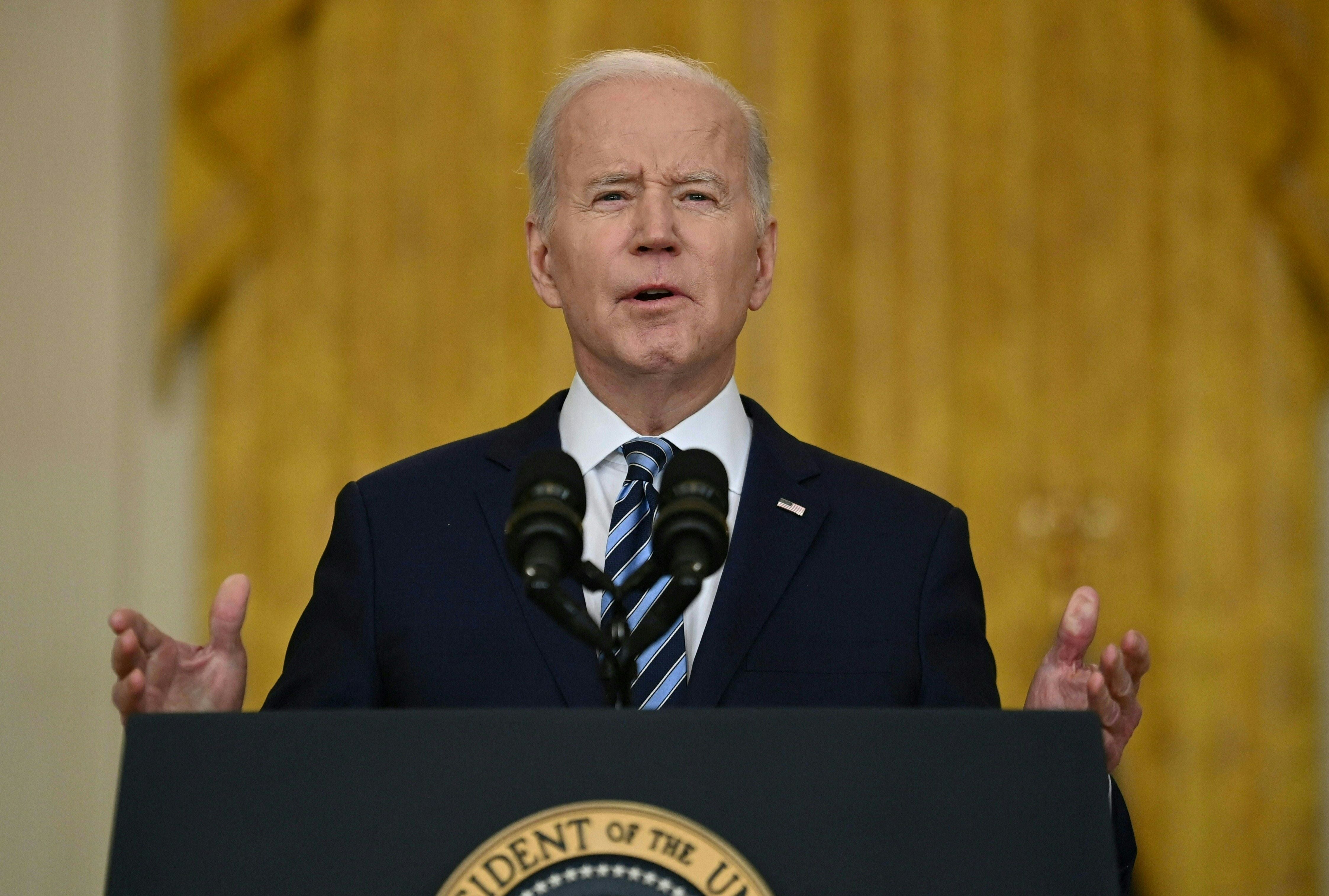 US President Joe Biden addresses the Russian invasion of Ukraine, from the East Room of the White House on February 24, 2022