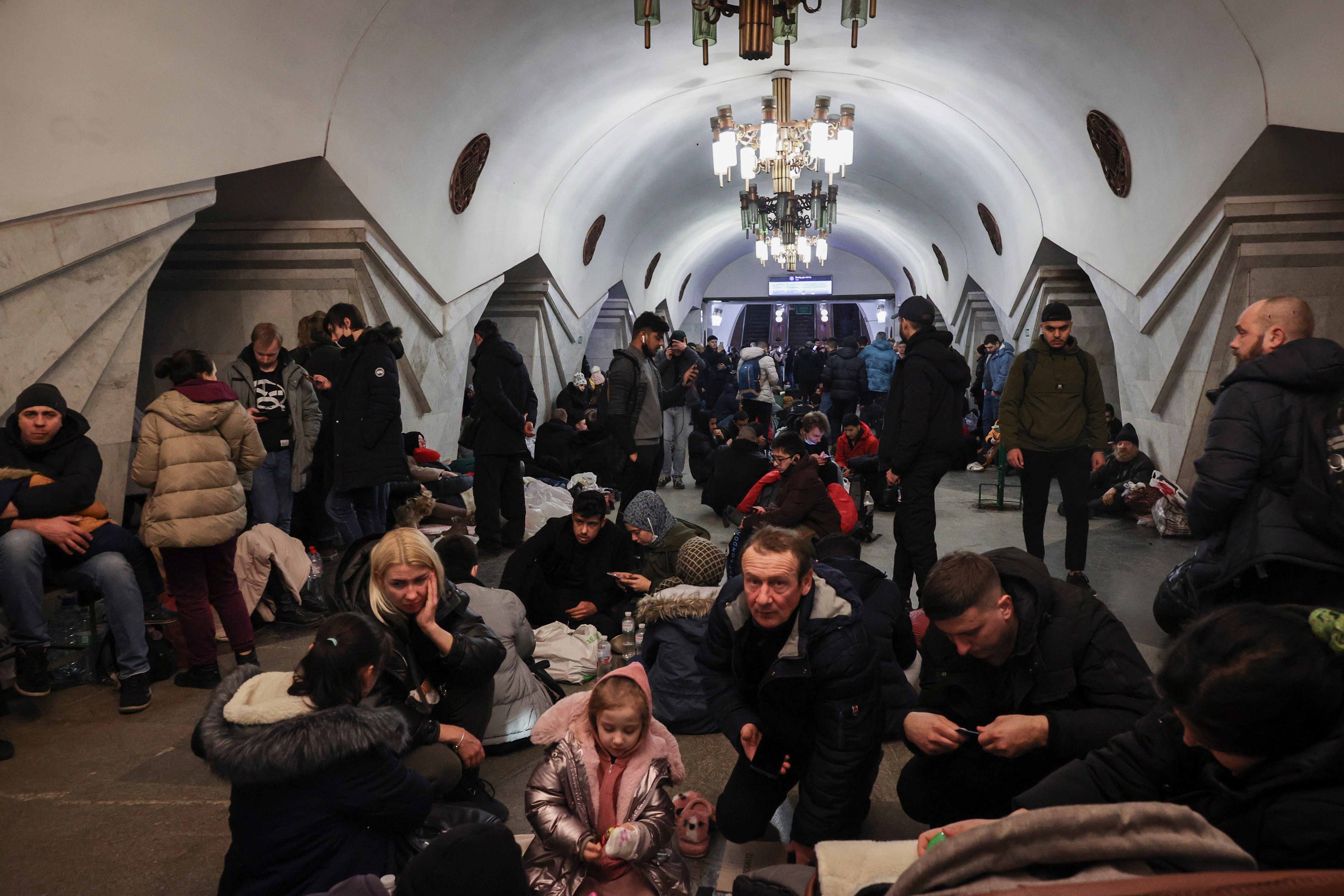 Ukrainian people shelter in Pushkinskaya underground station in Kharkiv