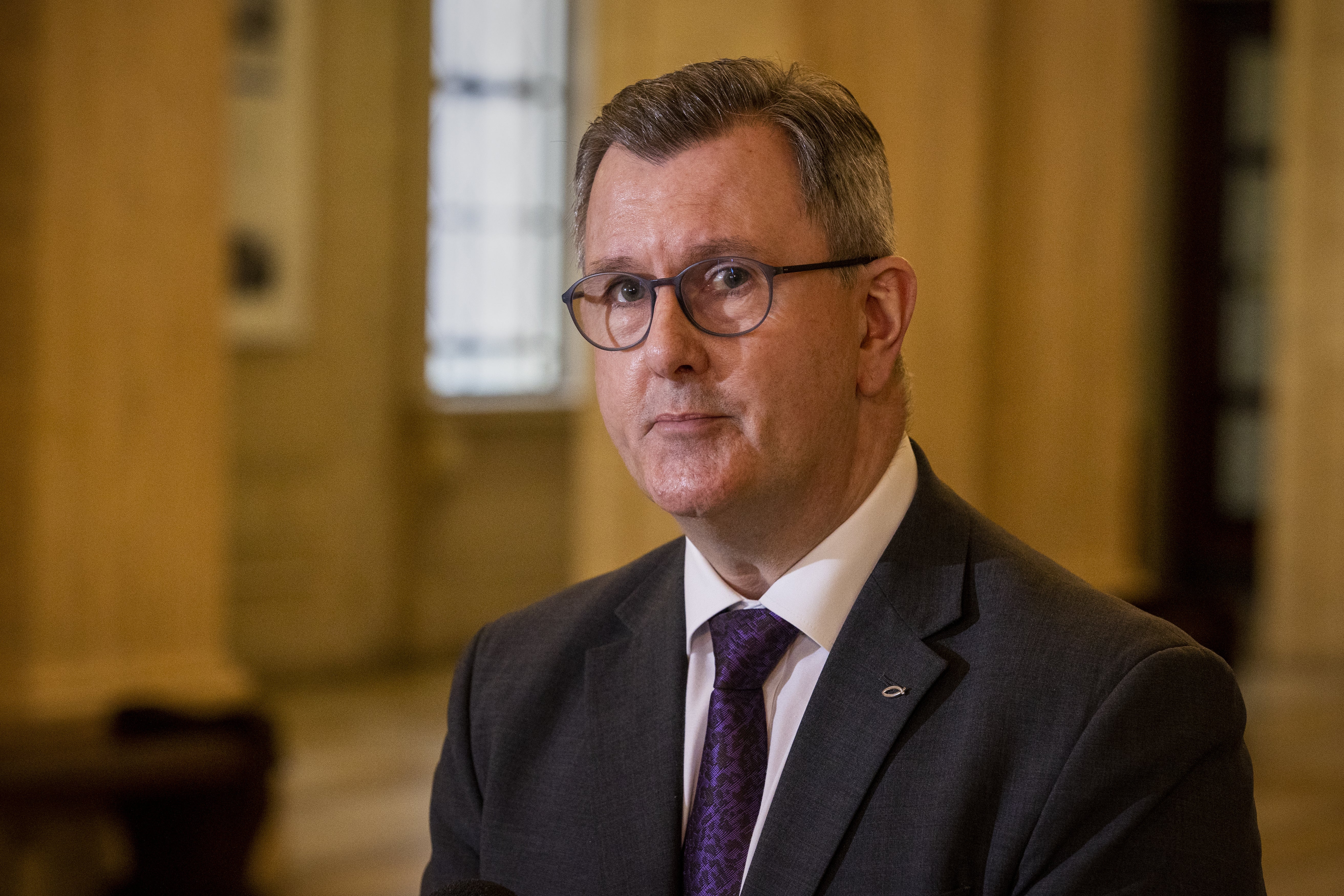 DUP leader Sir Jeffrey Donaldson MP during a press conference in the Great Hall of Parliament Buildings at Stormont.