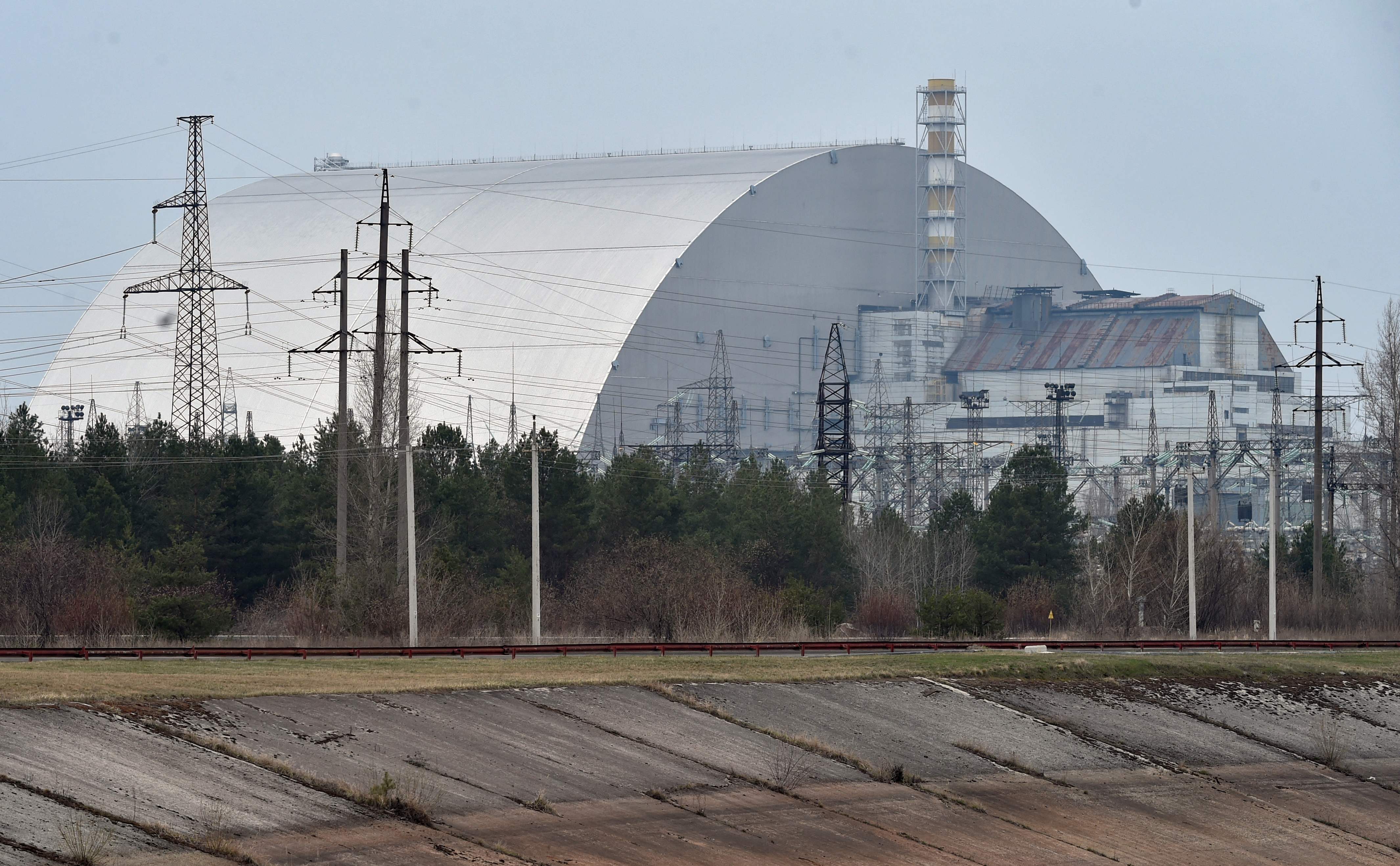 The protective dome built over the sarcophagus covering the destroyed fourth reactor of the Chernobyl nuclear power plant