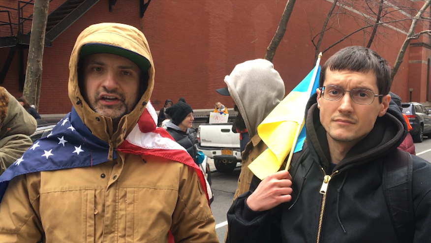 Ukrainian Mykola Kozak, left, and his friend Matthew Kossey were among protesters near the Russian Embassy to the UN on Thursday