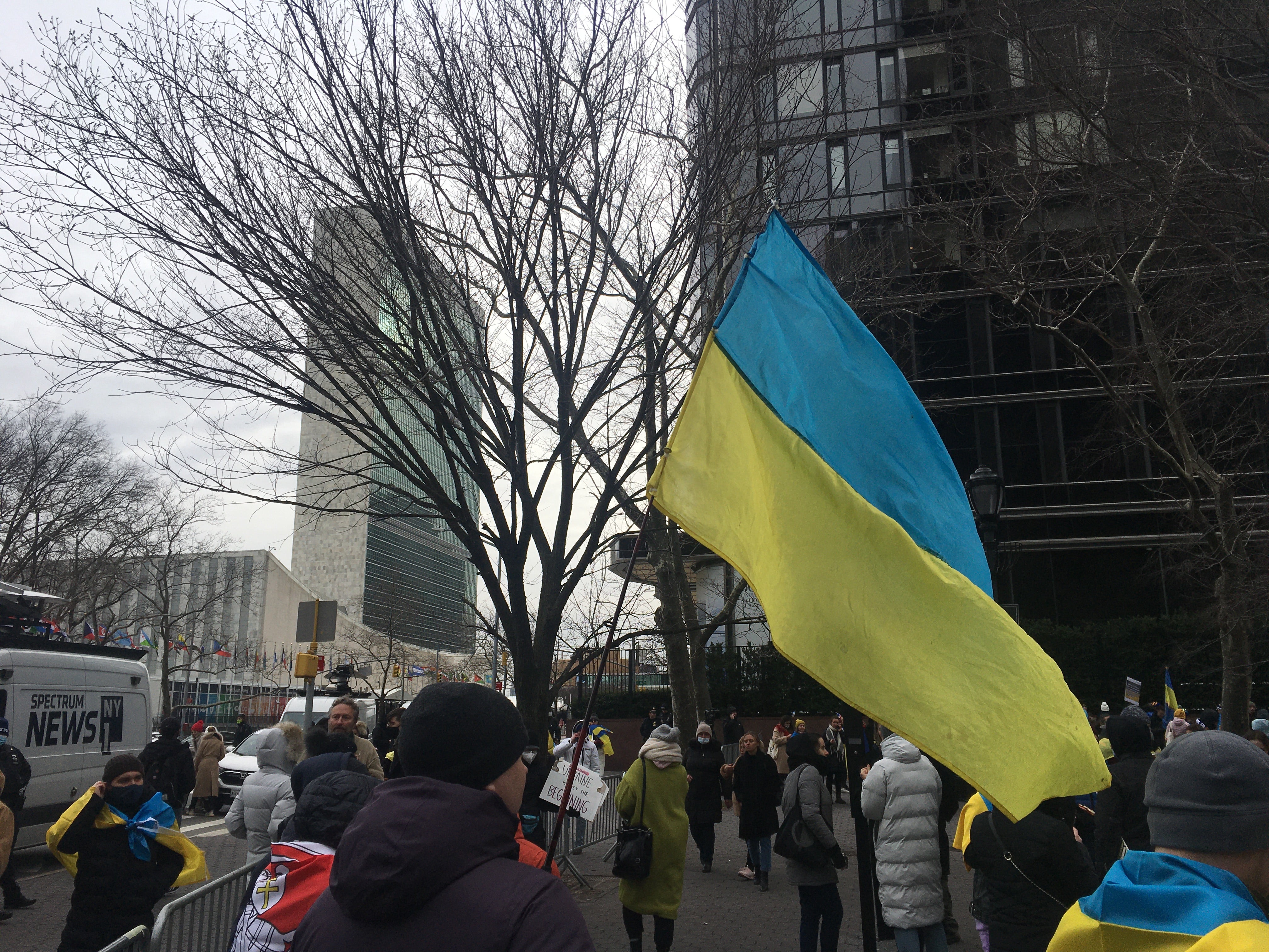 Ukrainian protesters outside the United Nations headquarters on Thursday