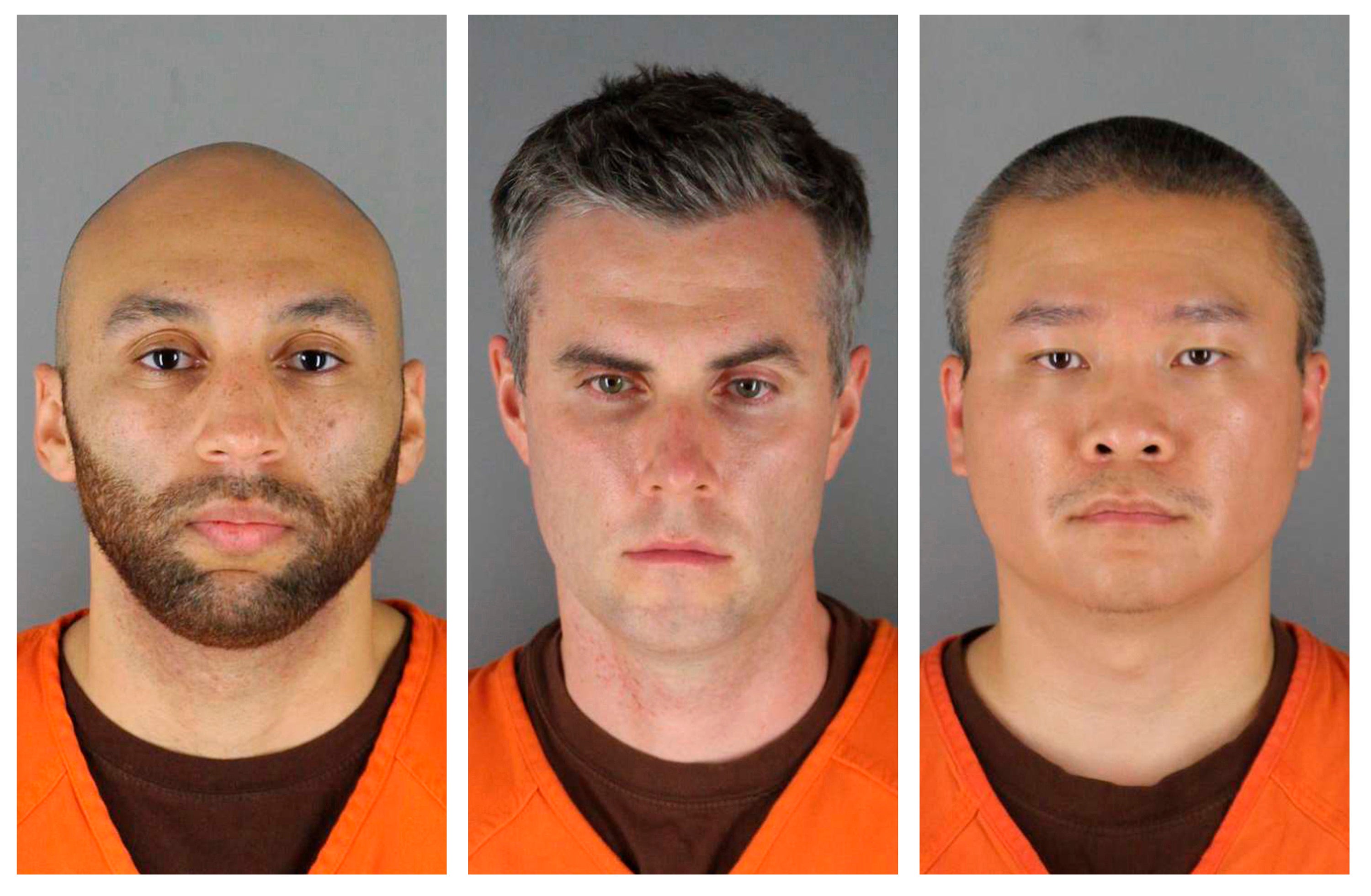 J. Alexander Kueng, Thomas Lane and Tou Thao left to right in booking photos