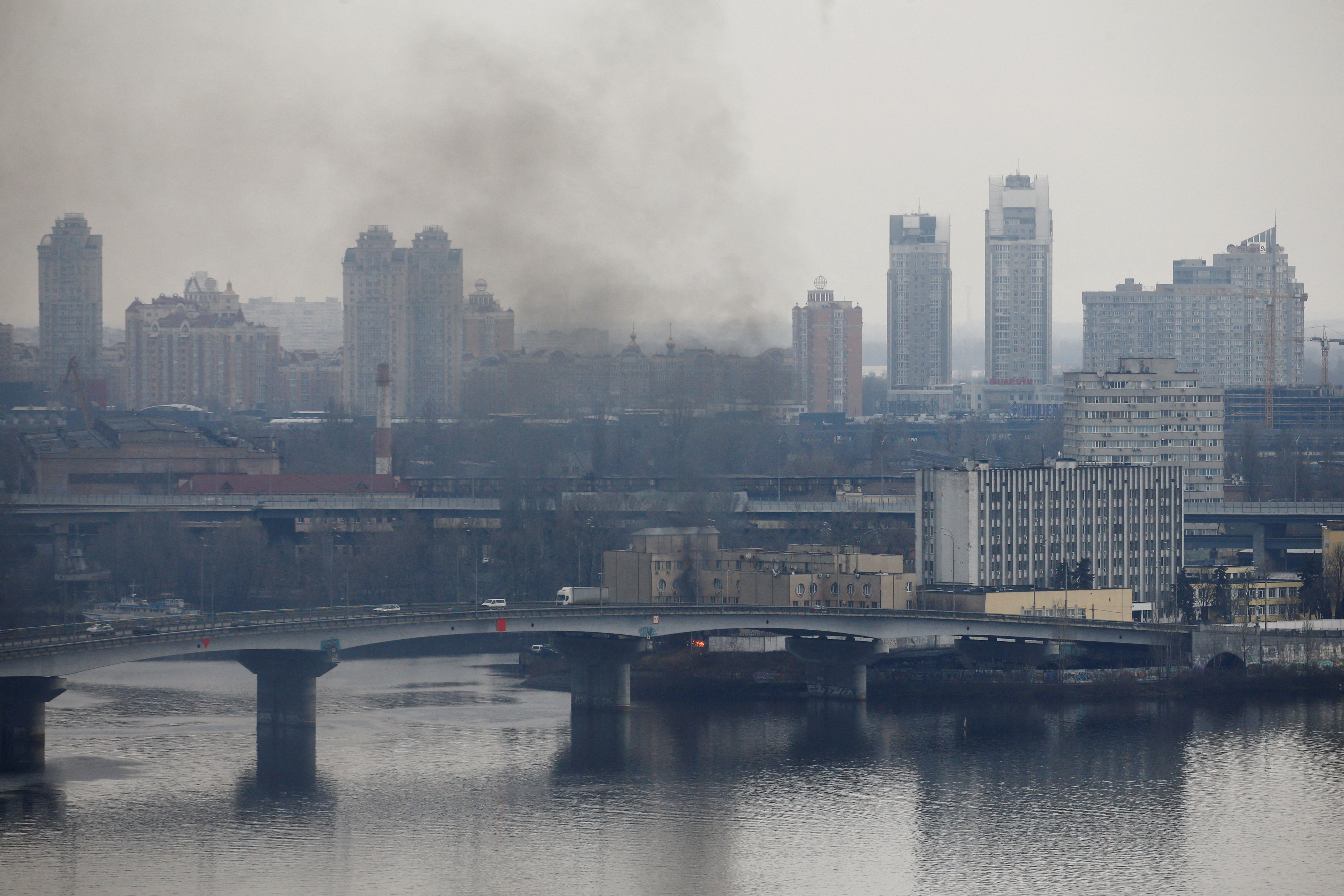 Smoke rises from the territory of the Ukrainian Defence Ministry's unit in Kyiv