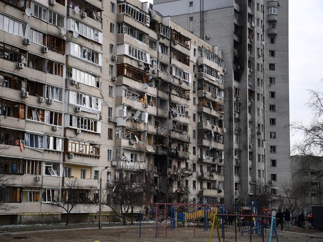 <p>A general view of a damaged residential building at Koshytsa Street, a suburb of the Ukrainian capital Kyiv</p>