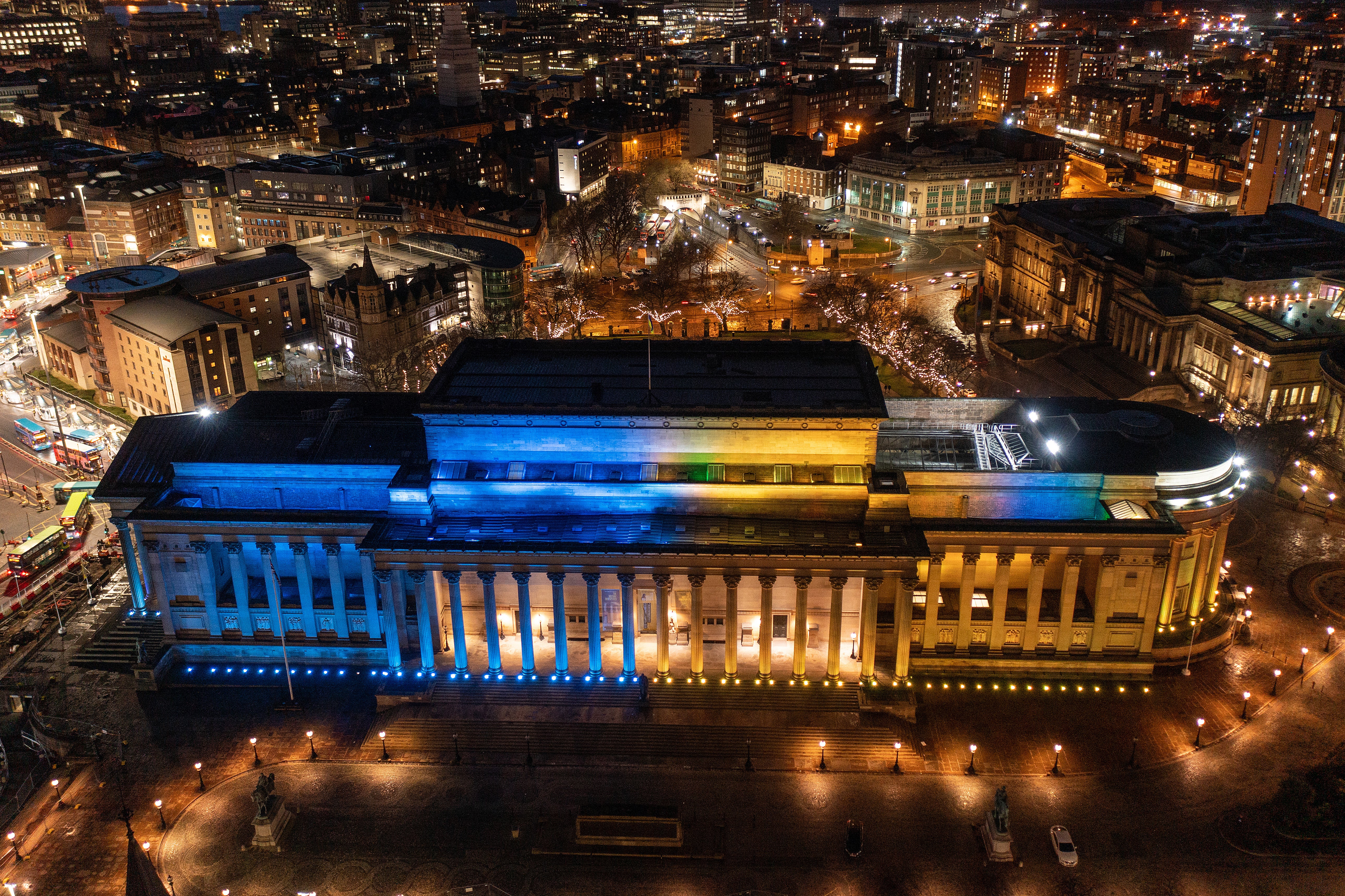 Liverpool’s historic St George’s Hall is illuminated in the colours of the Ukrainian national flag