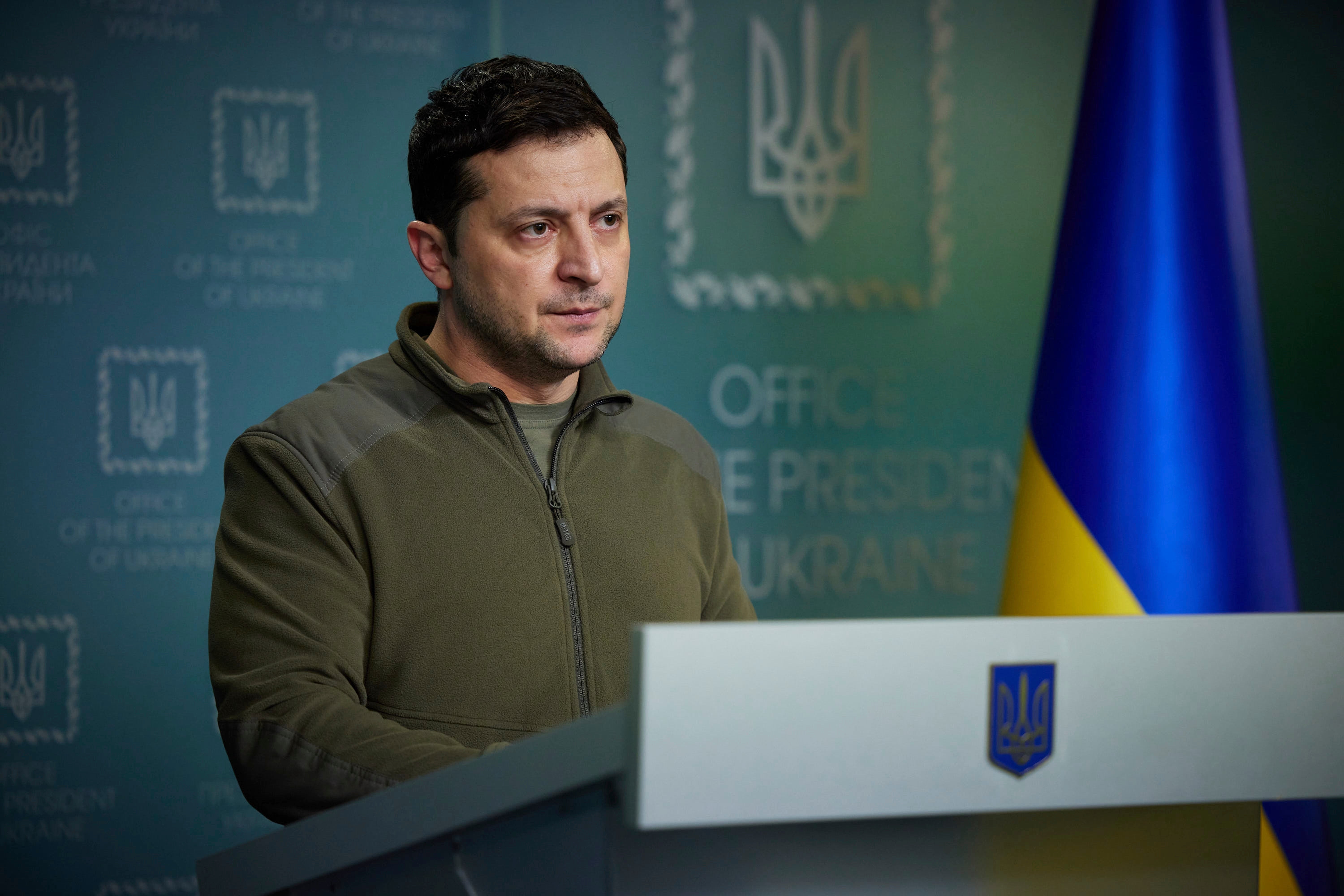 Ukrainian President Volodymyr Zelensky delivers his speech addressing the nation in Kyiv