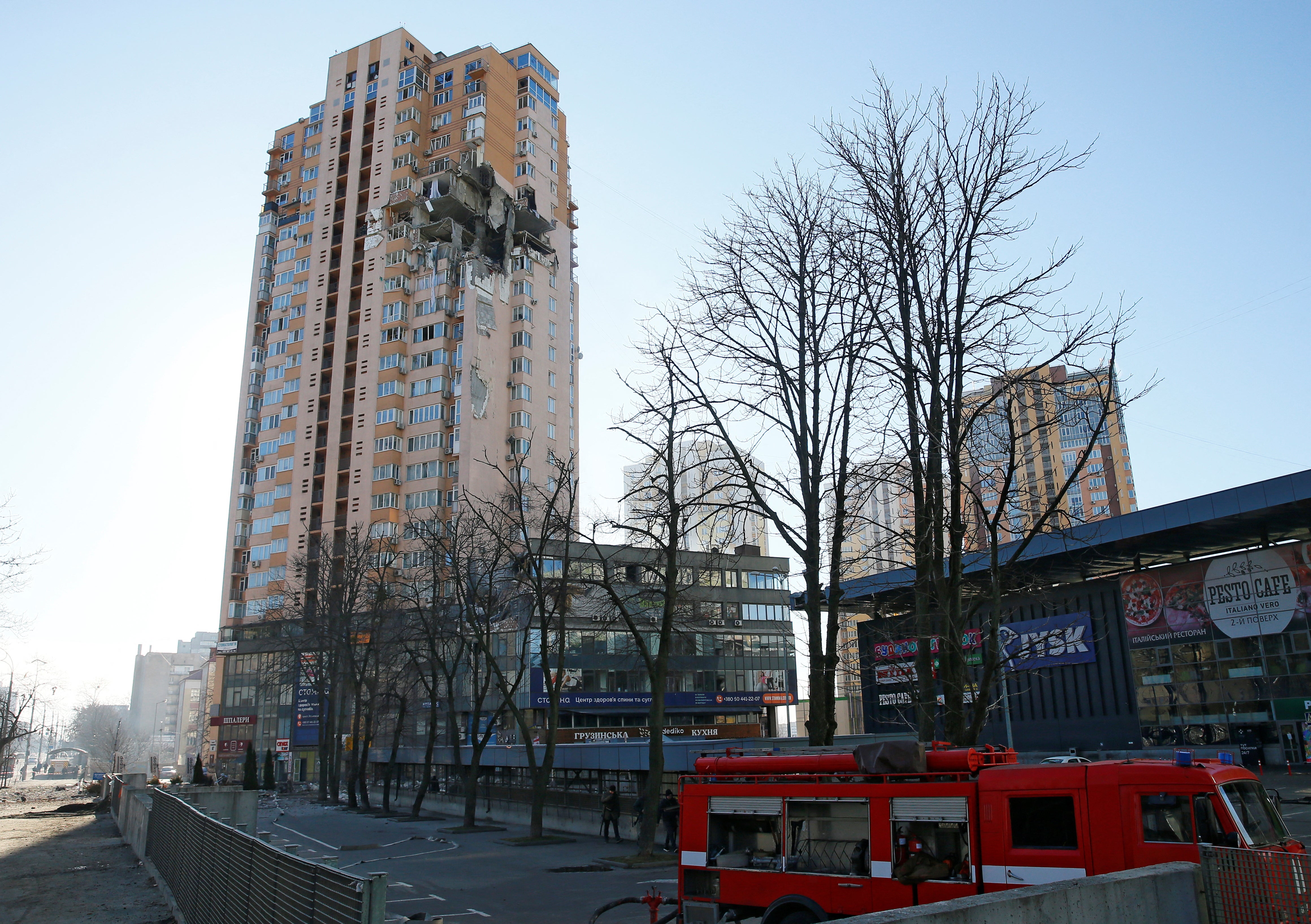 A flat block damaged by recent shelling in Kyiv on Saturday