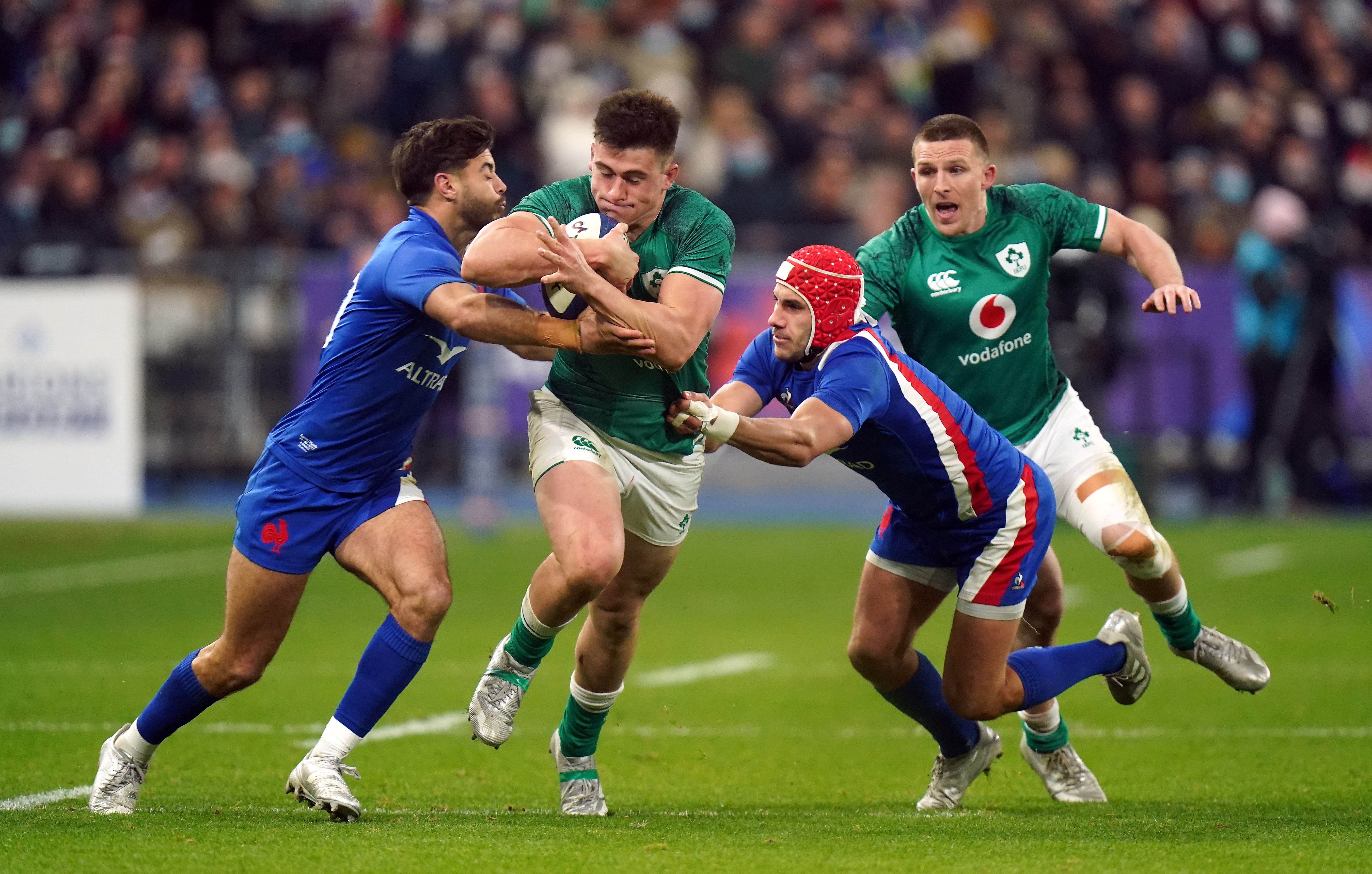 Dan Sheehan, with ball, was a first-half replacement in the defeat to France after Ronan Kelleher was forced off with a shoulder injury (Adam Davy/PA)