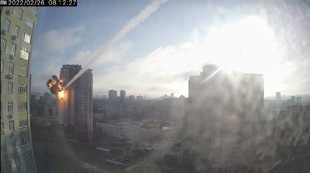 Surveillance footage shows a missile hitting a residential building in Kyiv, Ukraine on 26 February 2022