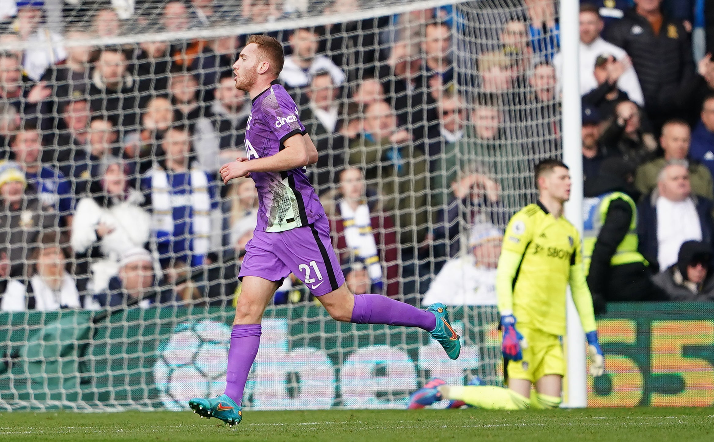 Tottenham’s Dejan Kulusevski celebrates making it 2-0 against Leeds at Elland Road (Zac Goodwin/PA Images).