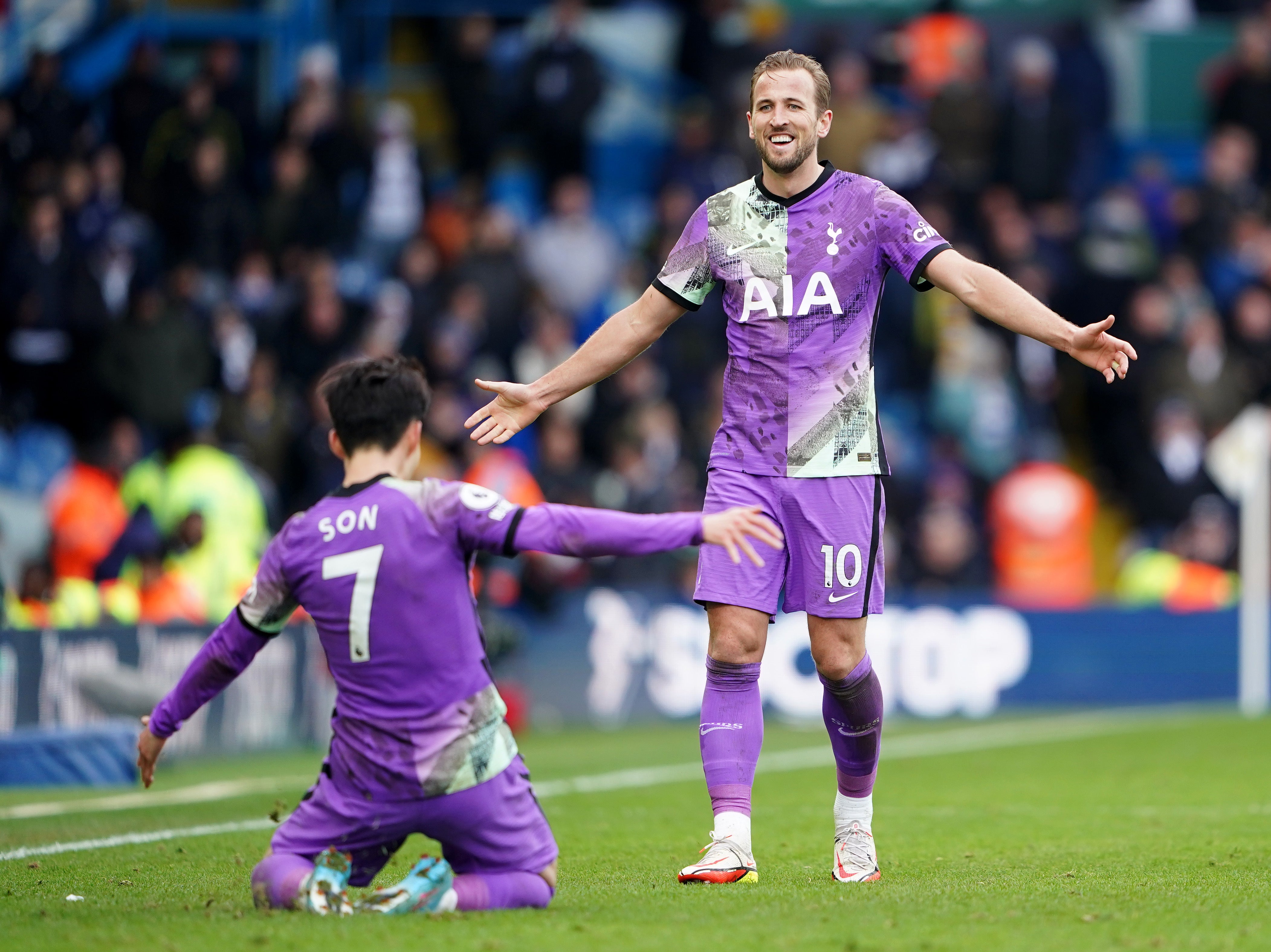 Tottenham’s Son Heung-min (left) celebrates with Harry Kane after scoring the final goal in a 4-0 win at Leeds (Zac Goodwin/PA Images).