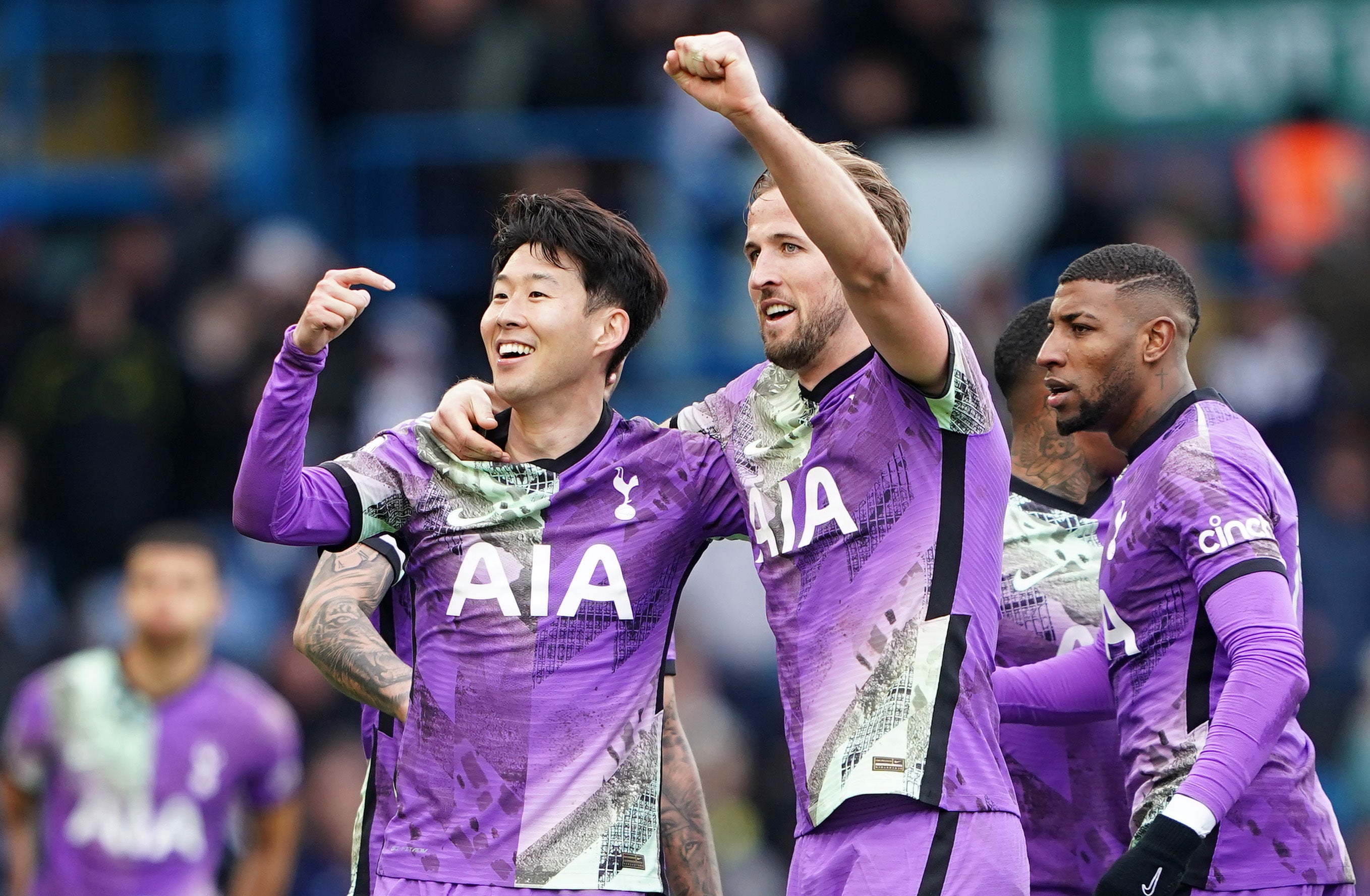 Son Heung-min celebrates with Harry Kane after scoring Tottenham’s final goal in a 4-0 win at Leeds