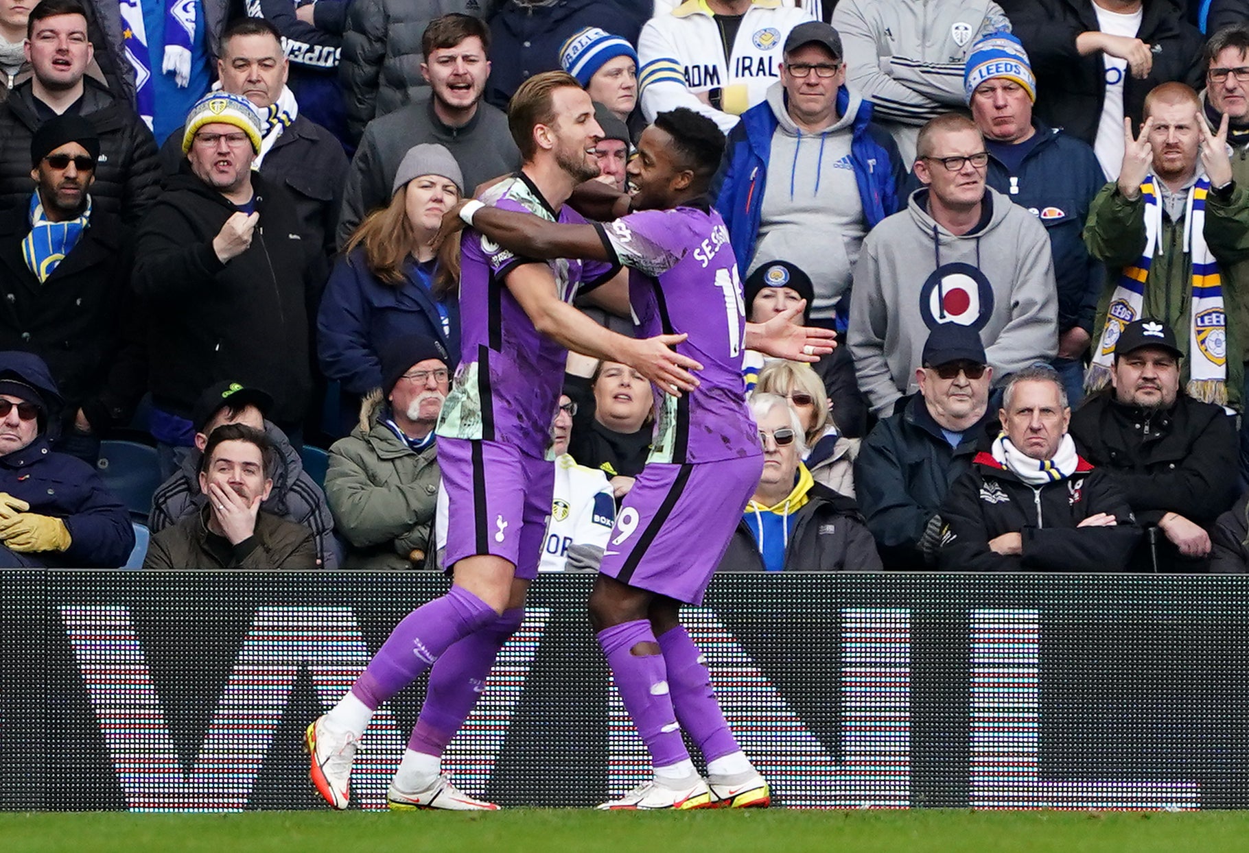 Harry Kane celebrates with Ryan Sessegnon after scoring his side’s third goal in a 4-0 win over Leeds at Elland Road