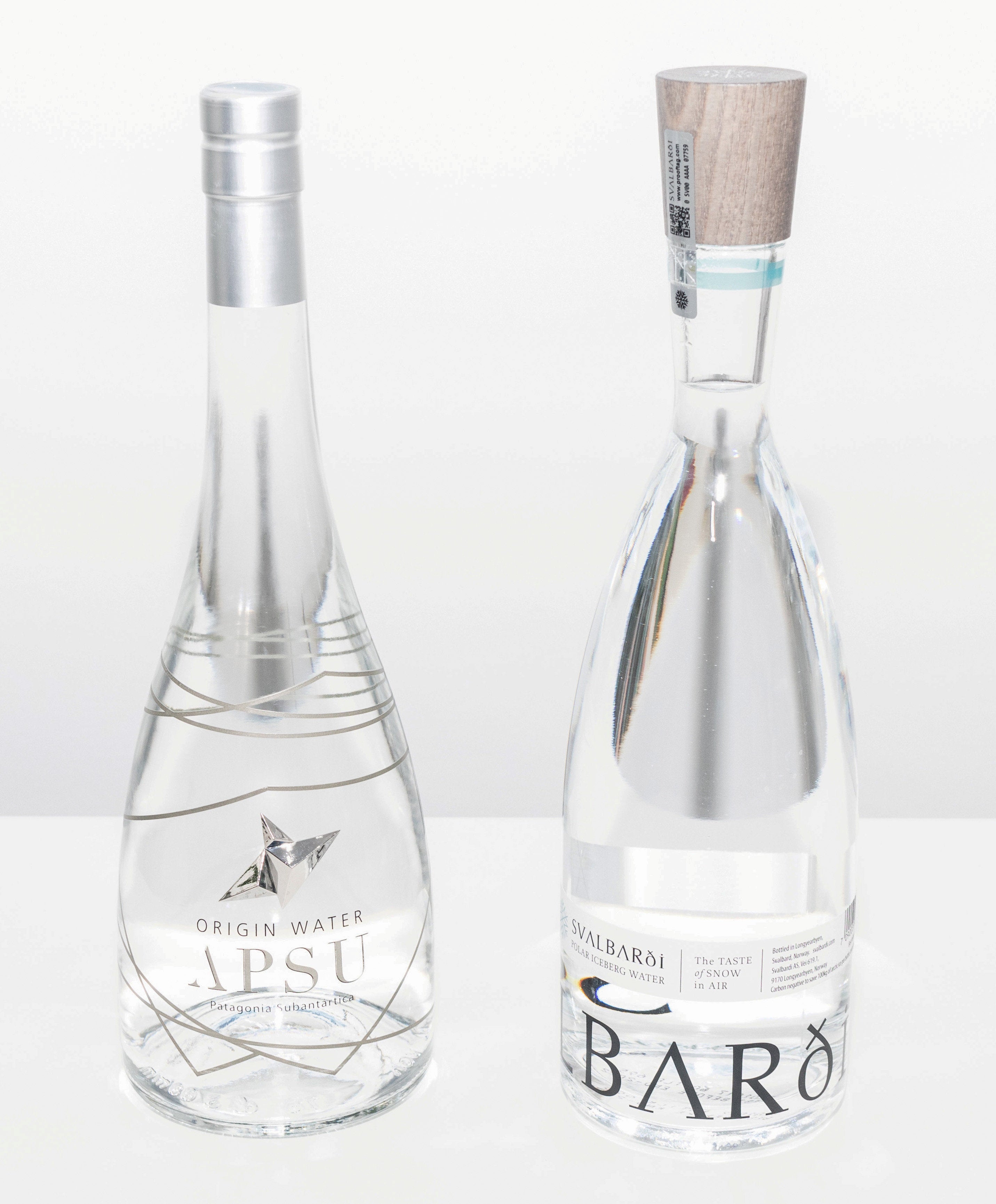 Splashing out: Fine Liquids’ most expensive water, APSU Orogin (left, £120) and Svalbardi Polar Iceberg (£100)