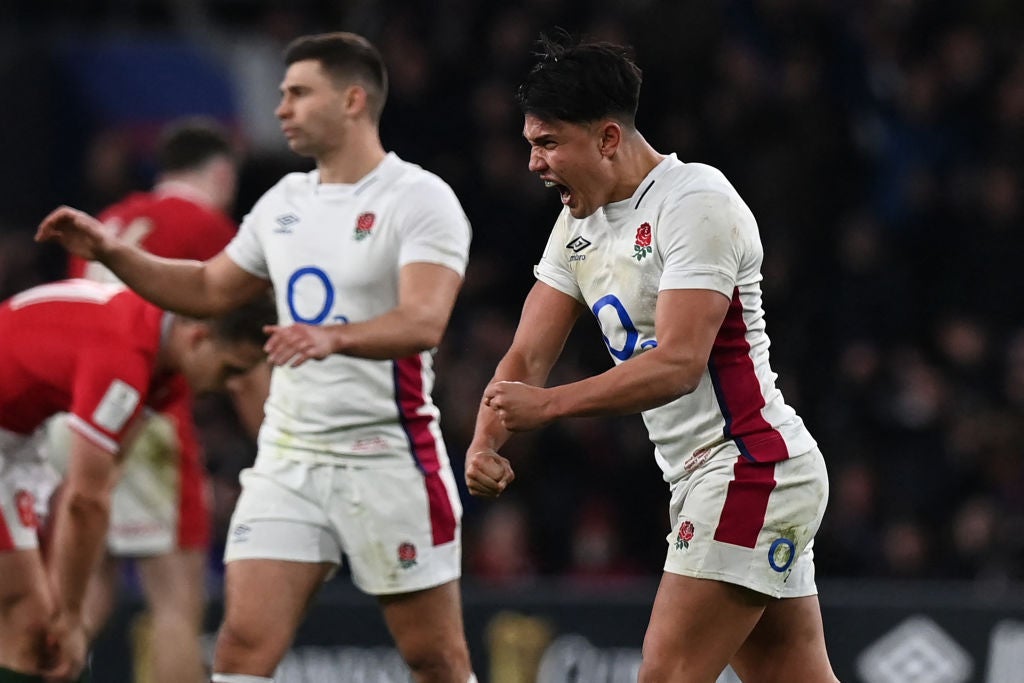 England's fly-half Marcus Smith celebrates on the final whistle at Twickenham Stadium on Saturday