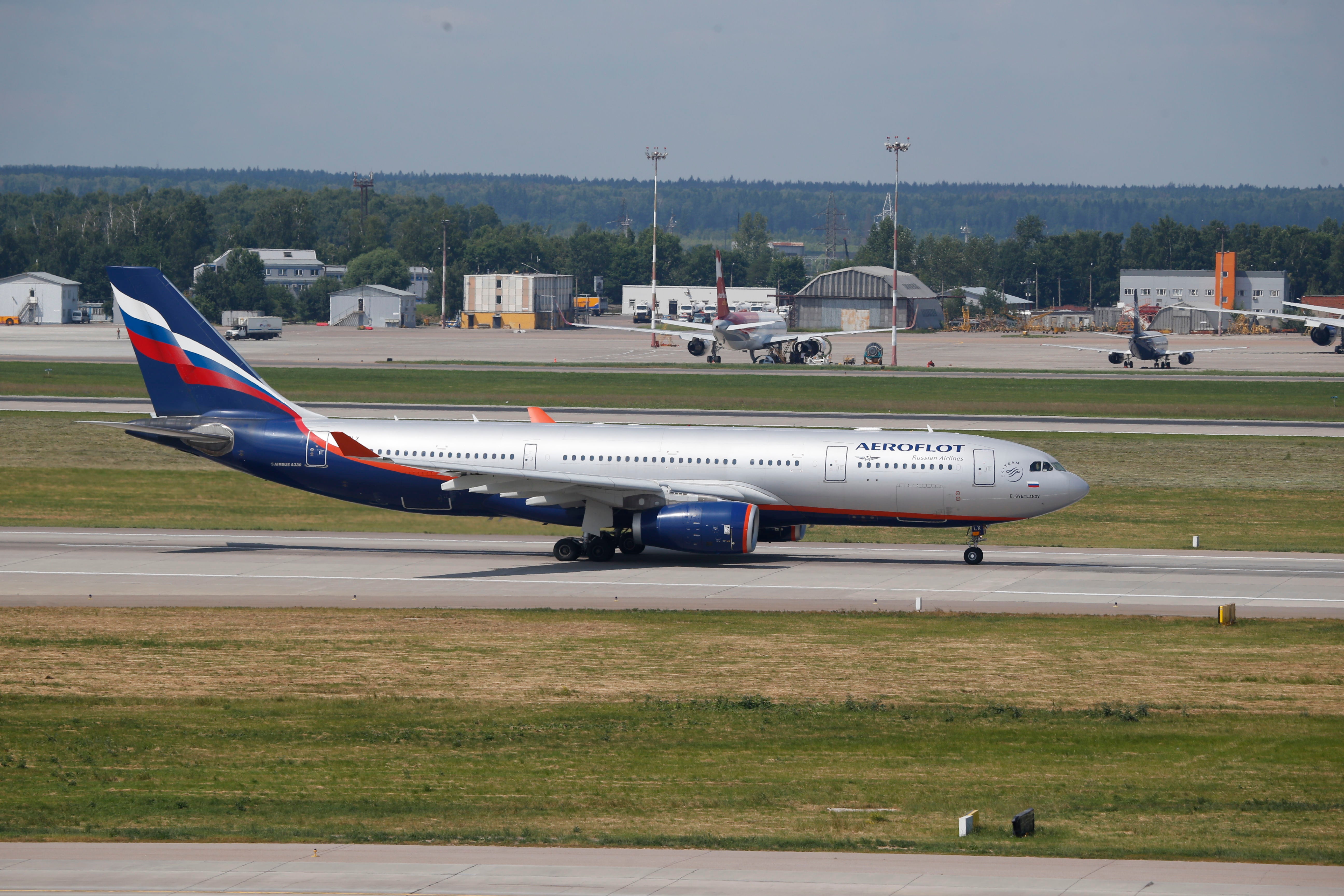 An Aeroflot Airbus A330 plane taxies out at Sheremetyevo airport in Moscow. Flights from Russia are affected by the new measures