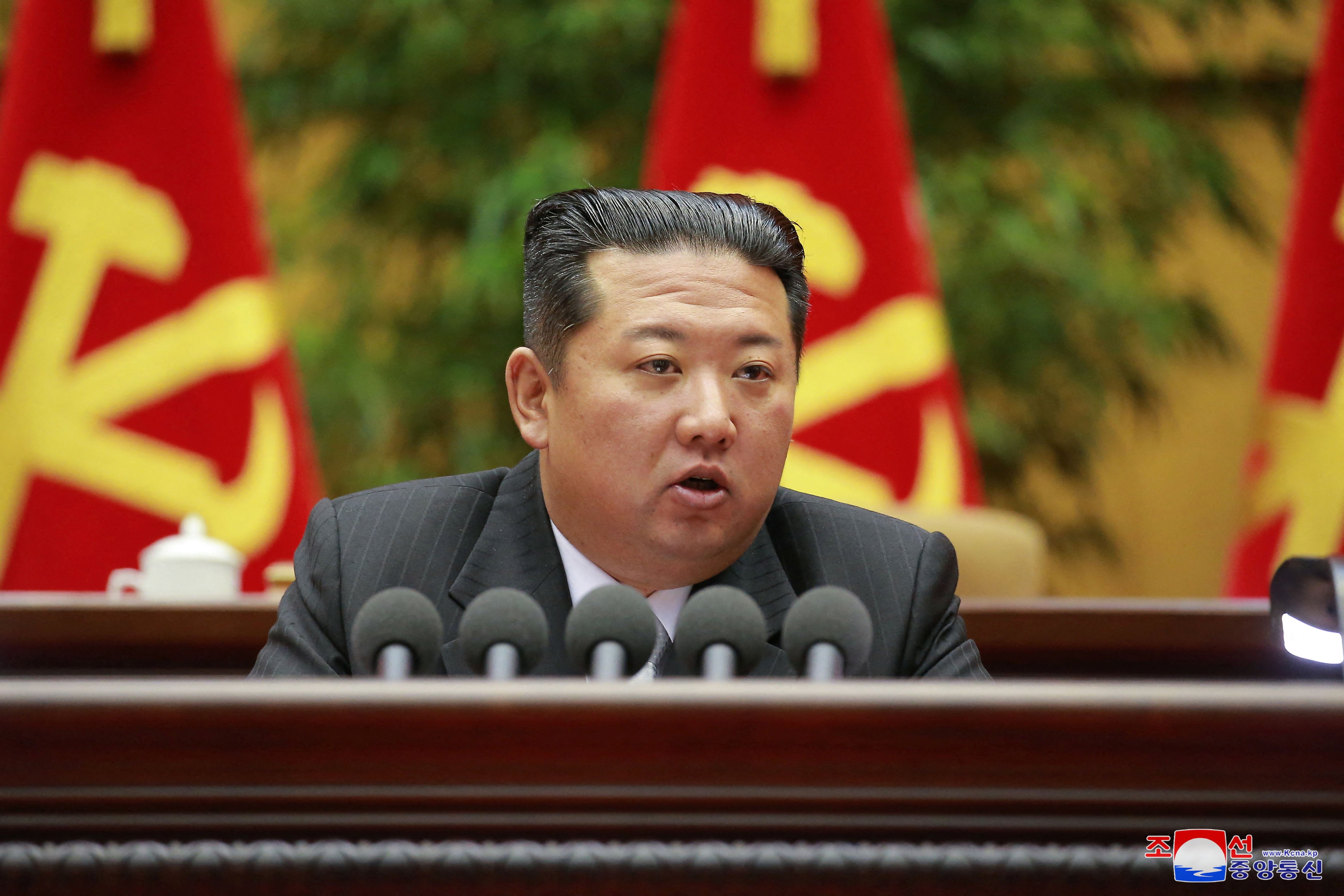 North Korean leader Kim Jong-un delivers opening remarks during the 2nd Conference of Secretaries of Primary Committees of the Workers' Party of Korea (WPK), in this photo released on 27 February 2022