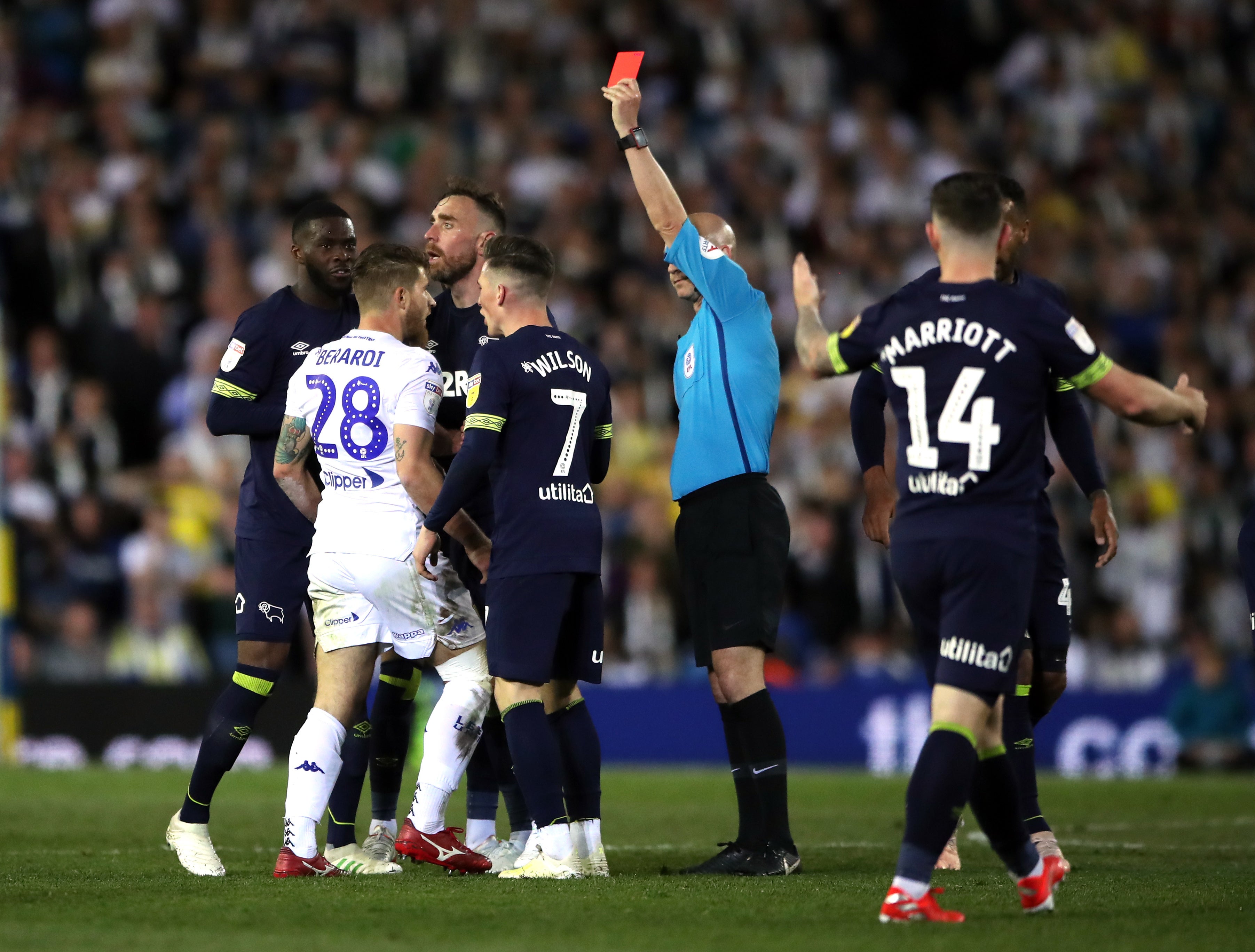 Leeds were beaten by Derby in a heated play-off semi-final in Marcelo Bielsa’s first season (Nick Potts/PA)