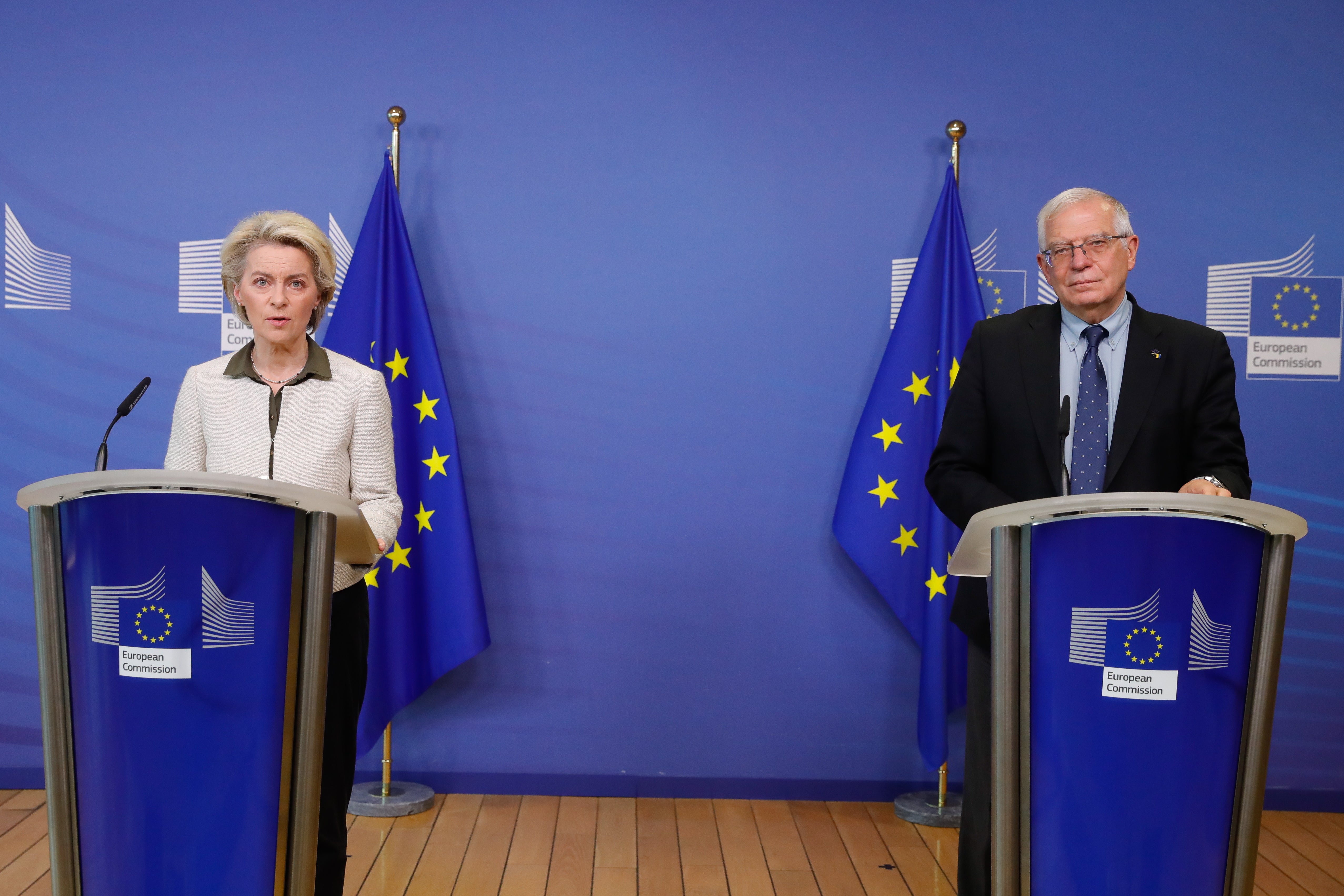 European Commission president Ursula von der Leyen (L) and European Union for Foreign Affairs and Security Policy Josep Borrell (R) give a joint press statement on further sanctions