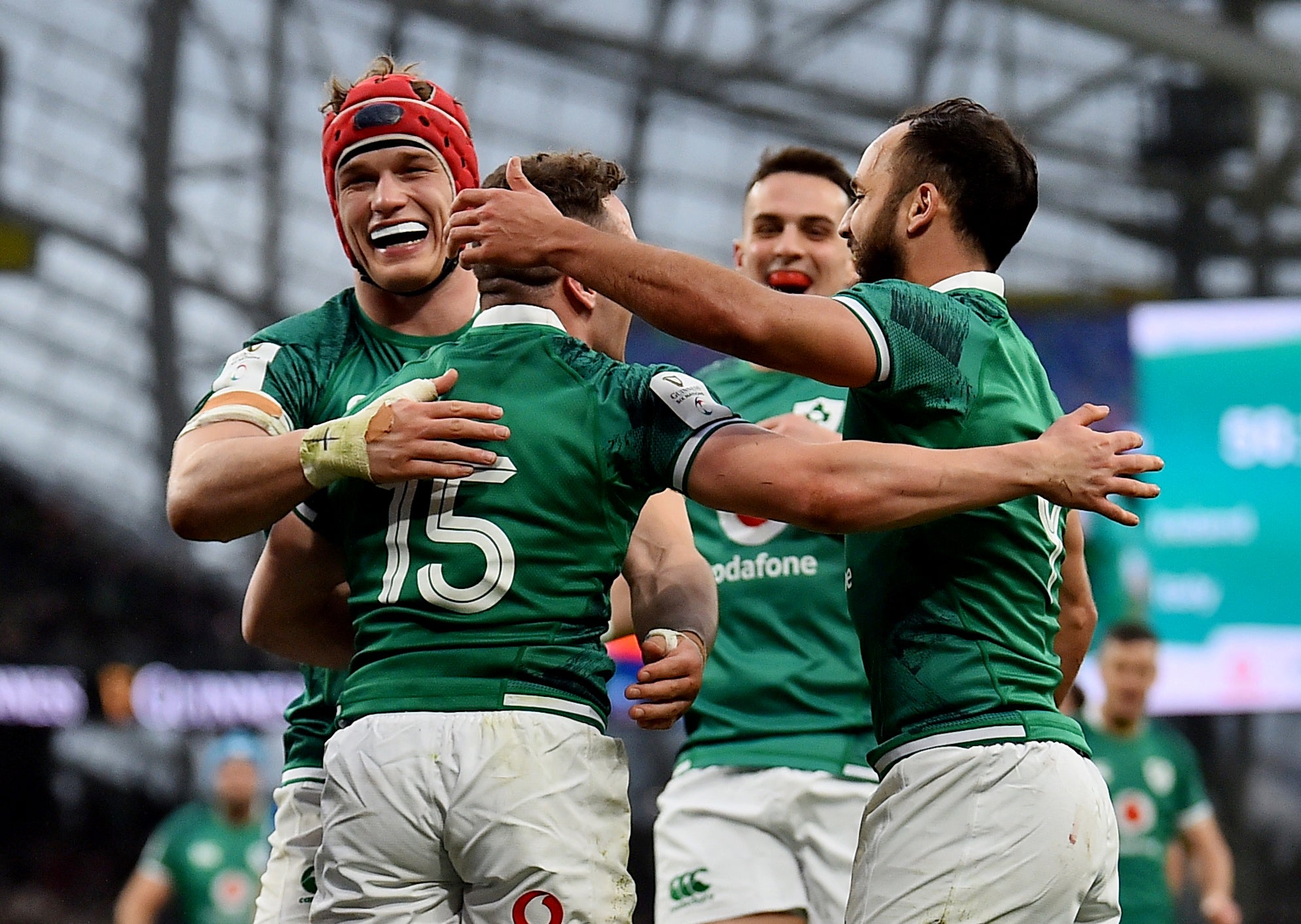 Michael Lowry celebrates scoring Ireland’s sixth try