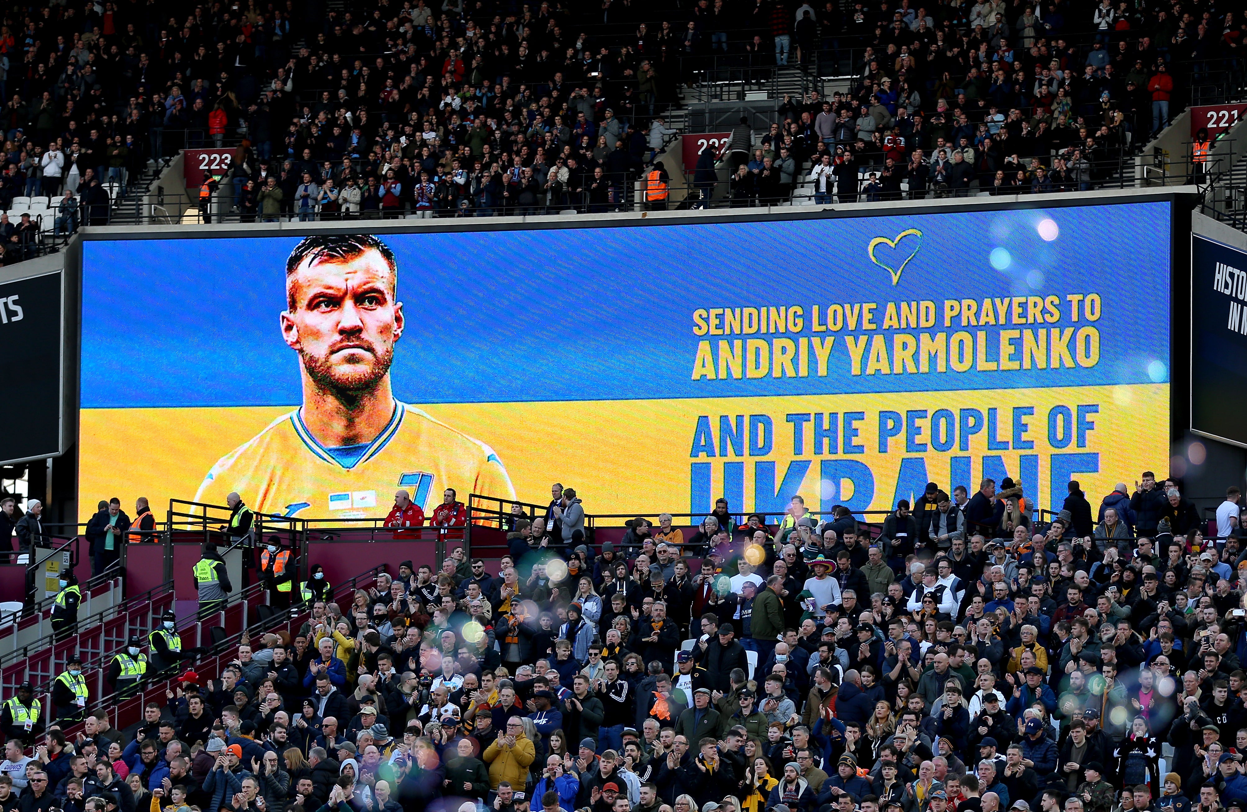 A message supporting West Ham’s Andriy Yarmolenko and the people of Ukraine, displayed on screens at the London Stadium (Nigel French/PA)