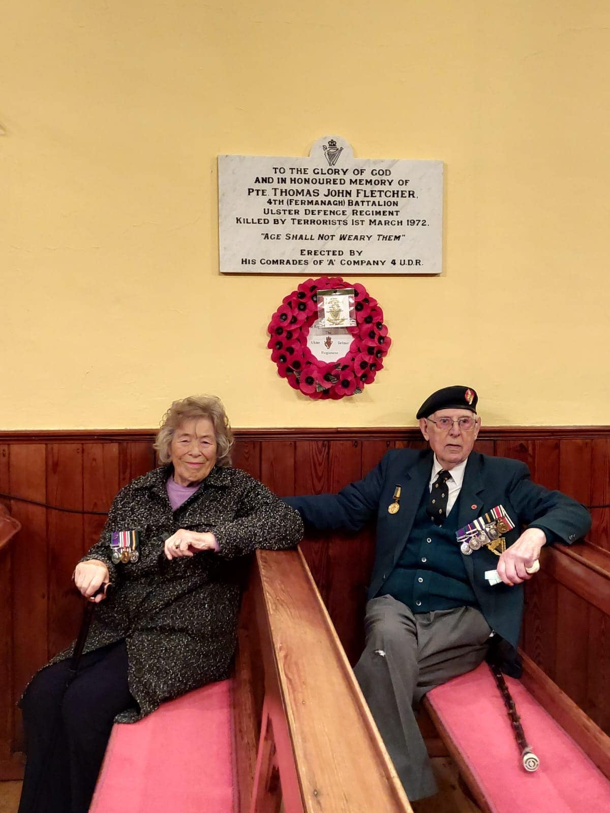 Katie Bleakley with former UDR man John McClure at a service in Garrison to remember her brother Johnny Fletcher (SEFF/PA)