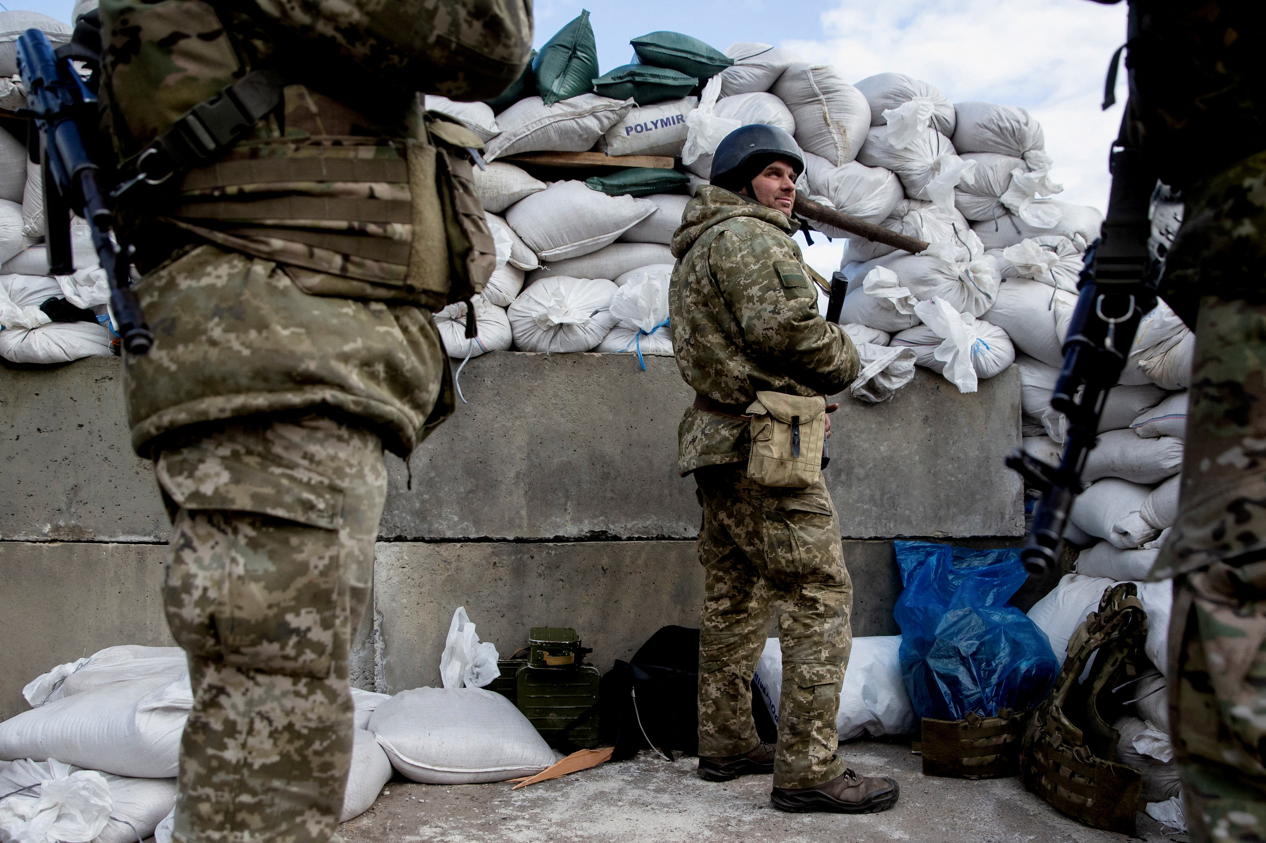 Ukrainian soldiers at a check point in the city of Zhytomyr