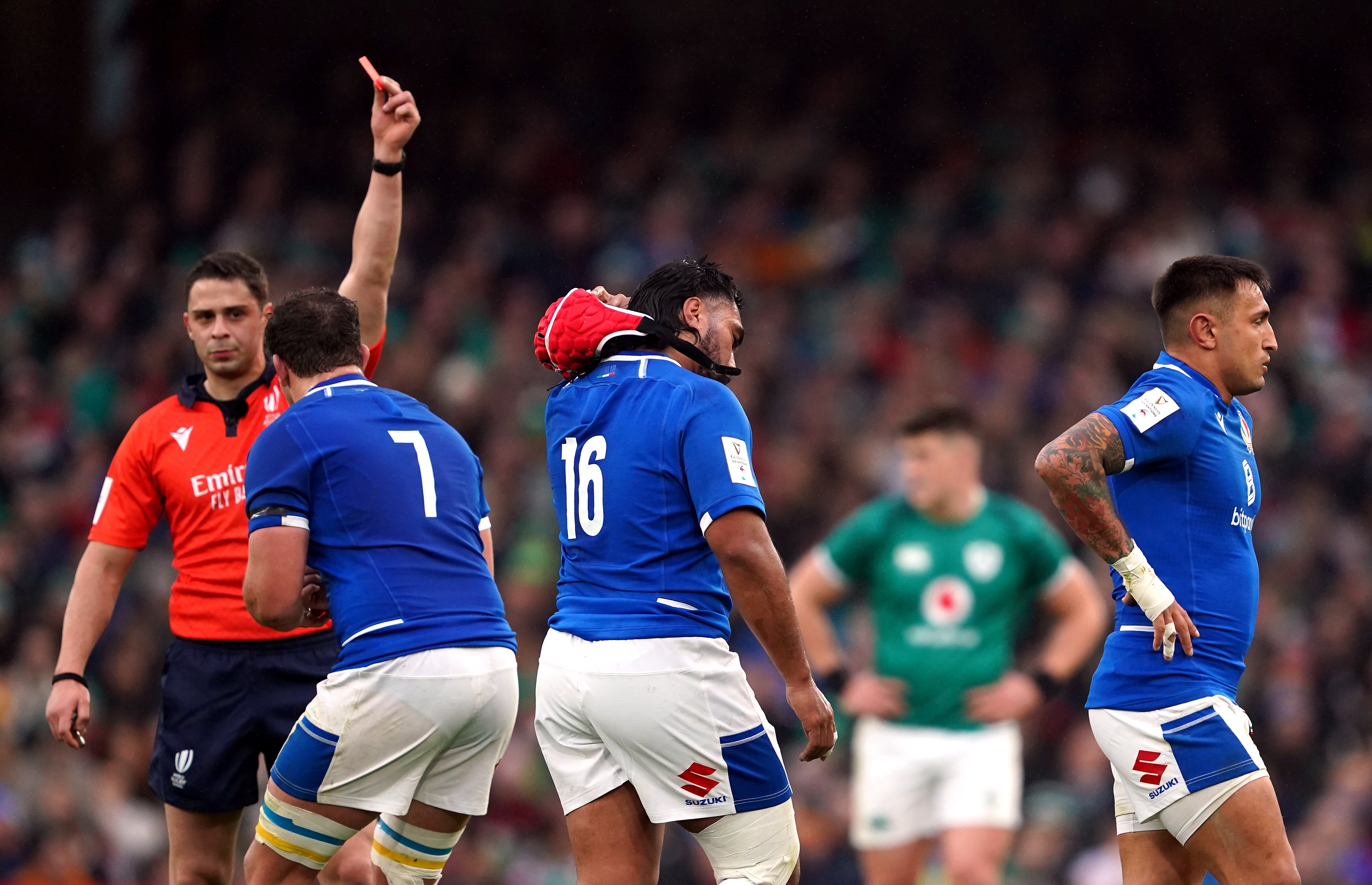 A red card for Italy substitute Hame Faiva, number 16, effectively ended Sunday’s match as a contest (Brian Lawless/PA)