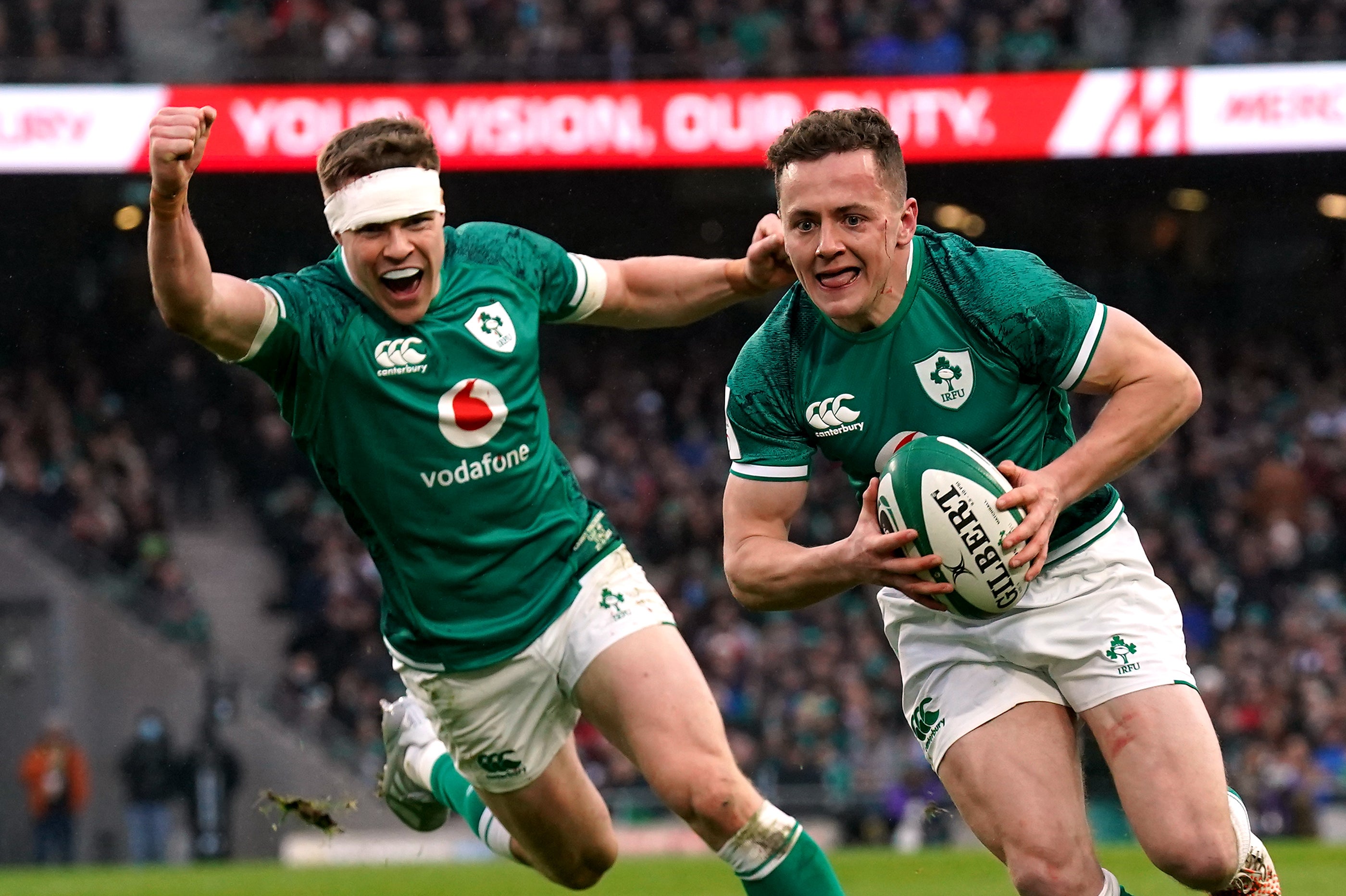 Michael Lowry, right, claimed two of Ireland’s nine tries (Brian Lawless/PA)