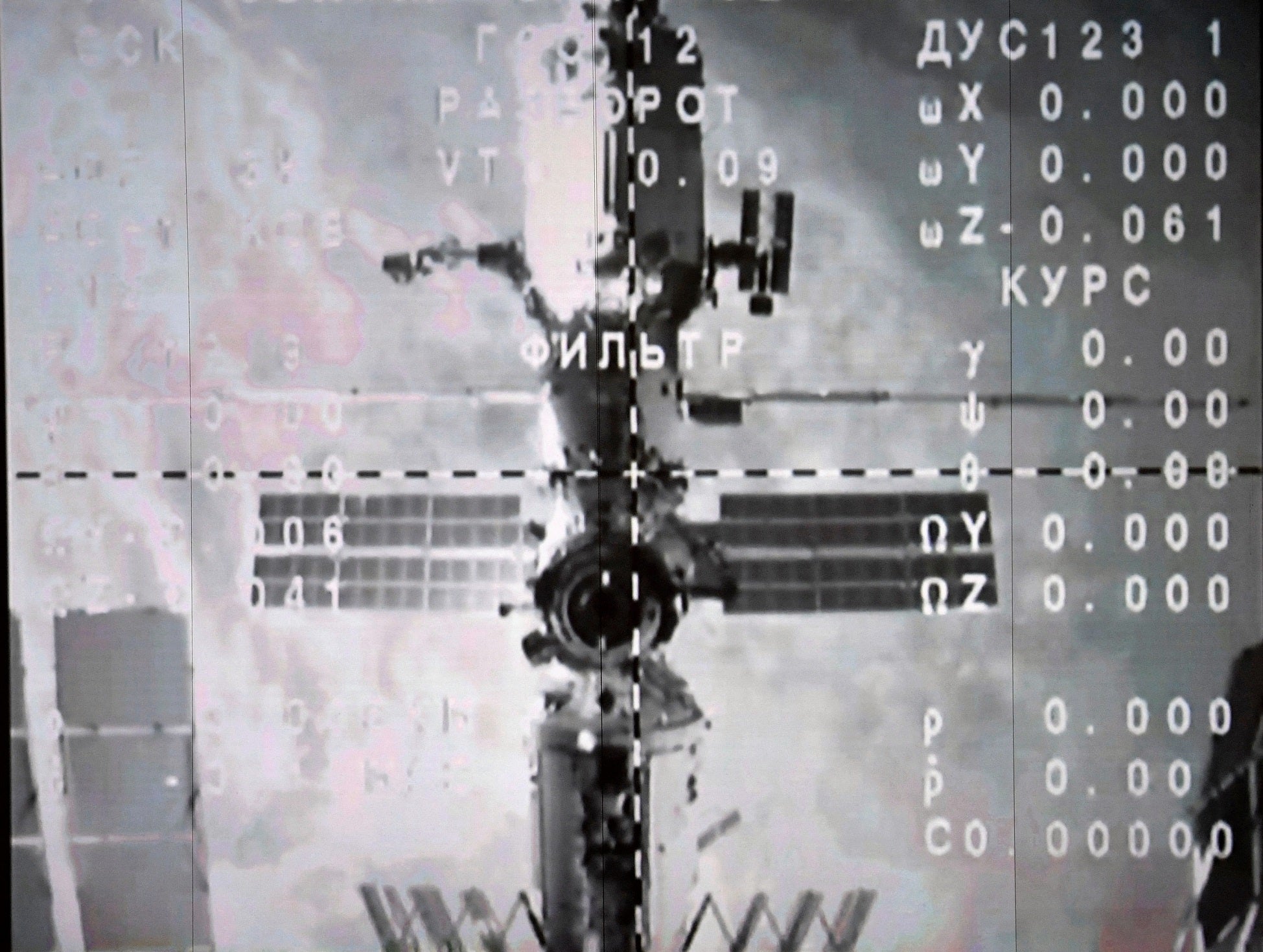 The International Space Station (ISS) is seen on a monitor after the Soyuz MS-20 space craft undocked from the ISS in December last year