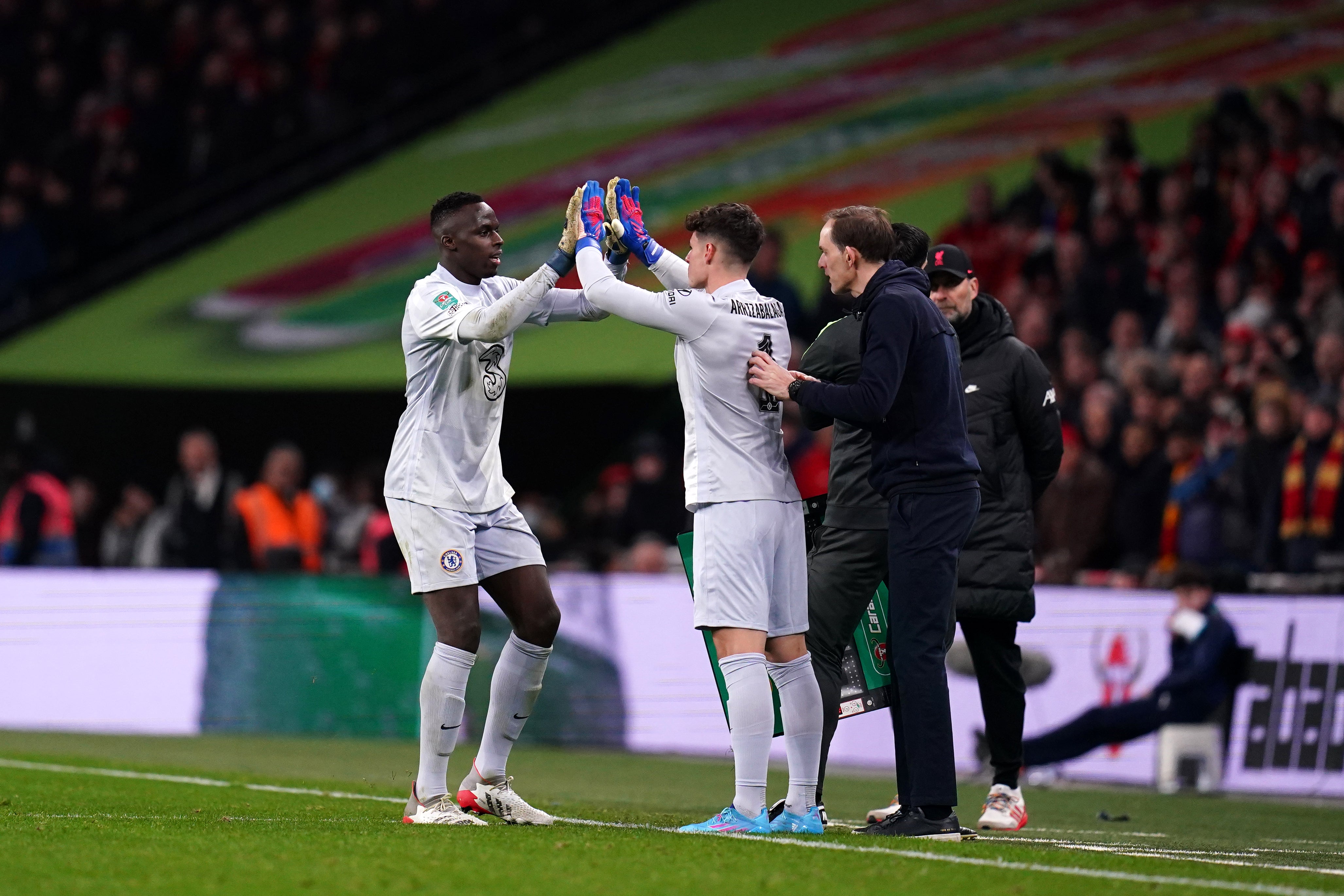 Kepa Arrizabalaga, centre, replaced Edouard Mendy late in the Carabao Cup final in an ill-fated move (John Walton/PA)