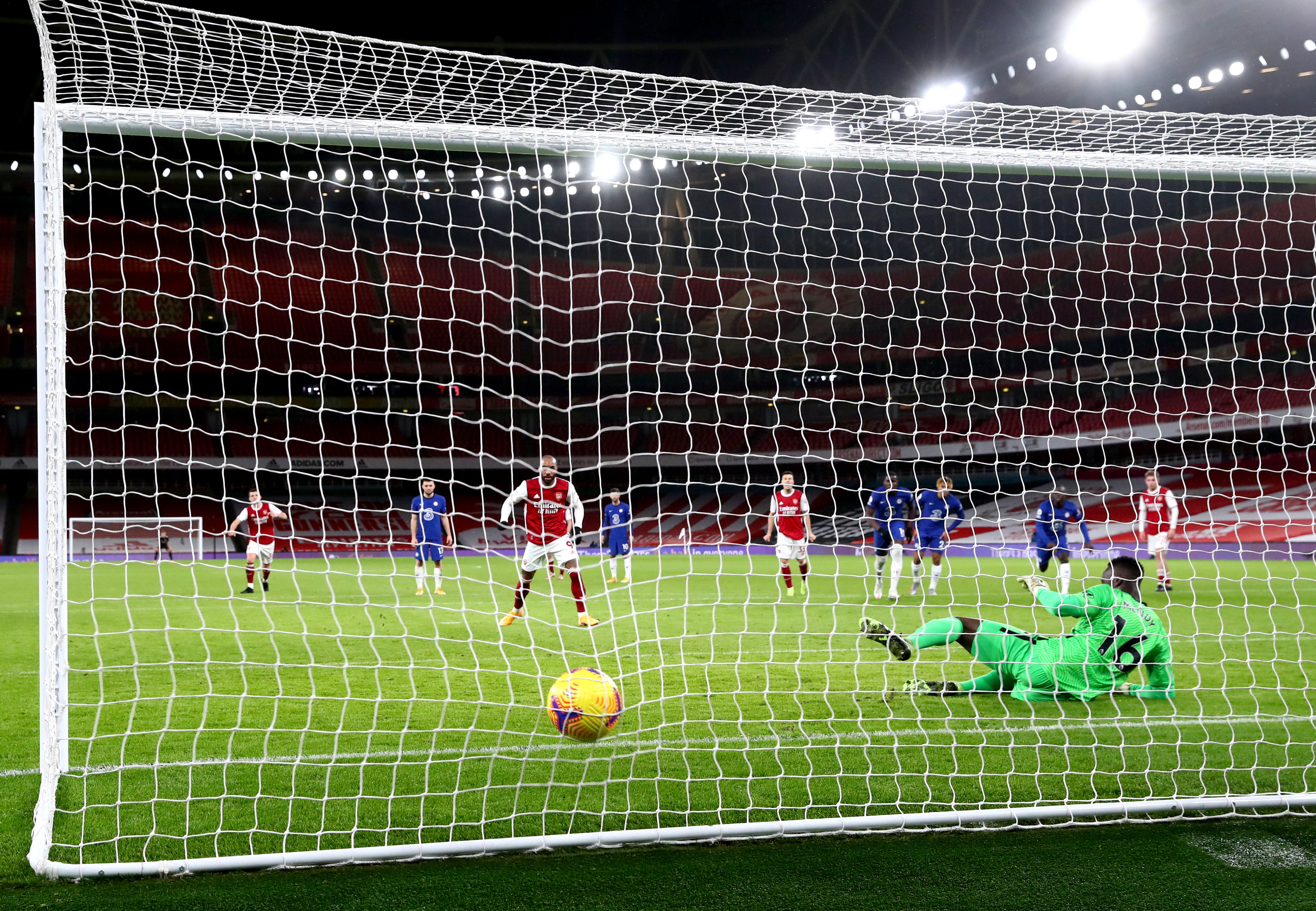 Edouard Mendy is beaten from the spot by Arsenal’s Alexandre Lacazette (Julian Finney/PA)