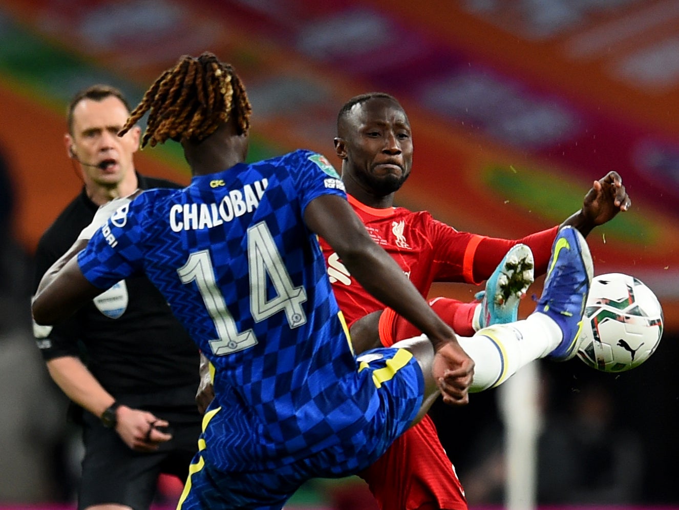 Naby Keita challenges Trevoh Chalobah for the ball