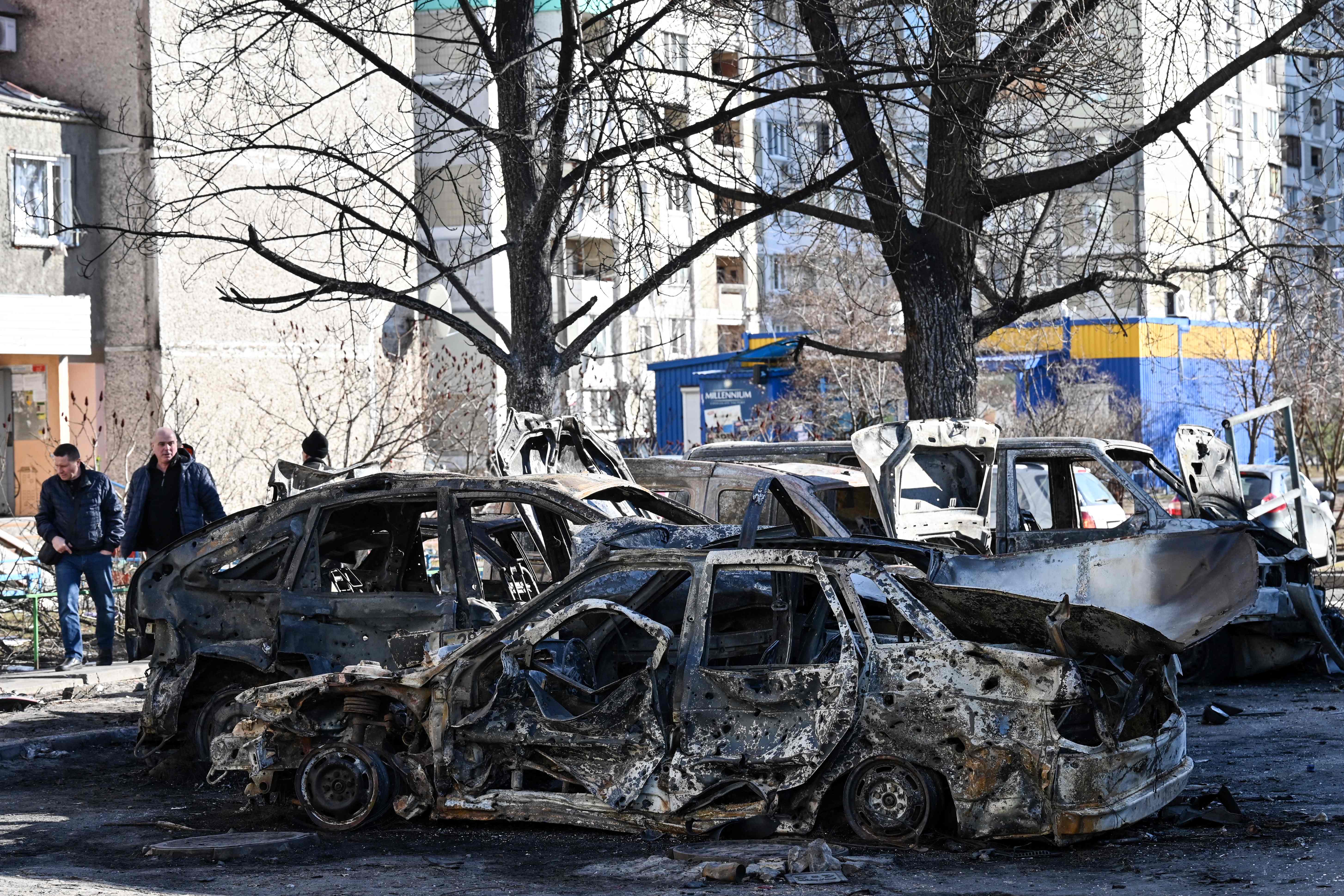 A view of the cars which were destroyed by recent shelling in Kyiv outskirts