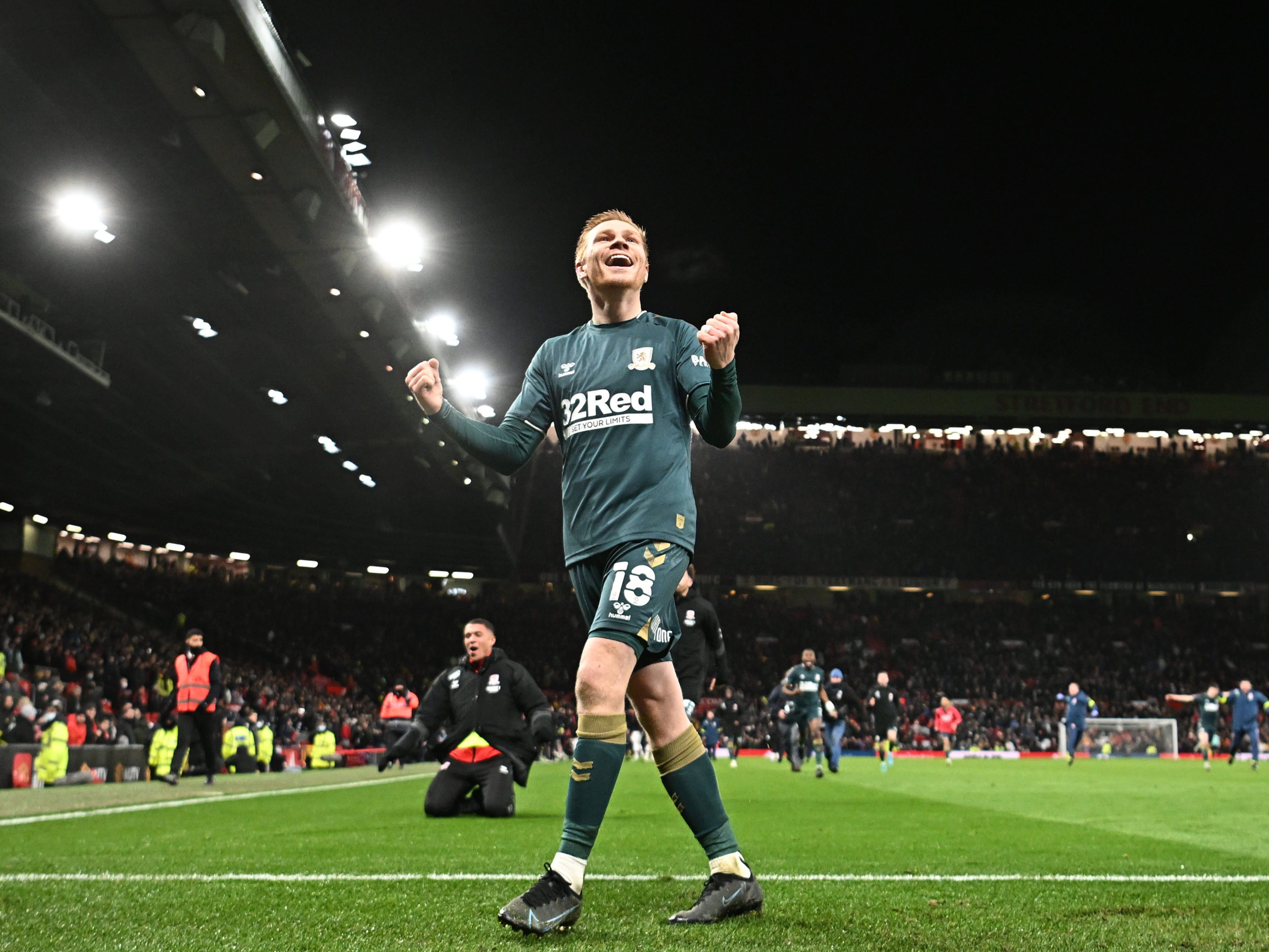 Watmore celebrates Middlesbrough’s victory at Old Trafford in the FA Cup